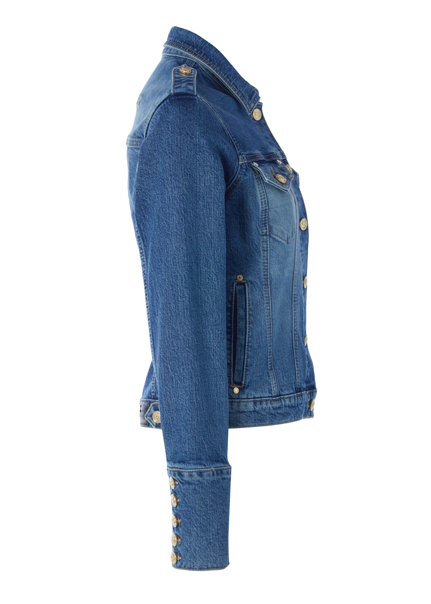 side of classic indigo denim jacket waist length with gold buttons on front, pockets and cuffs with holland cooper embroidery on back