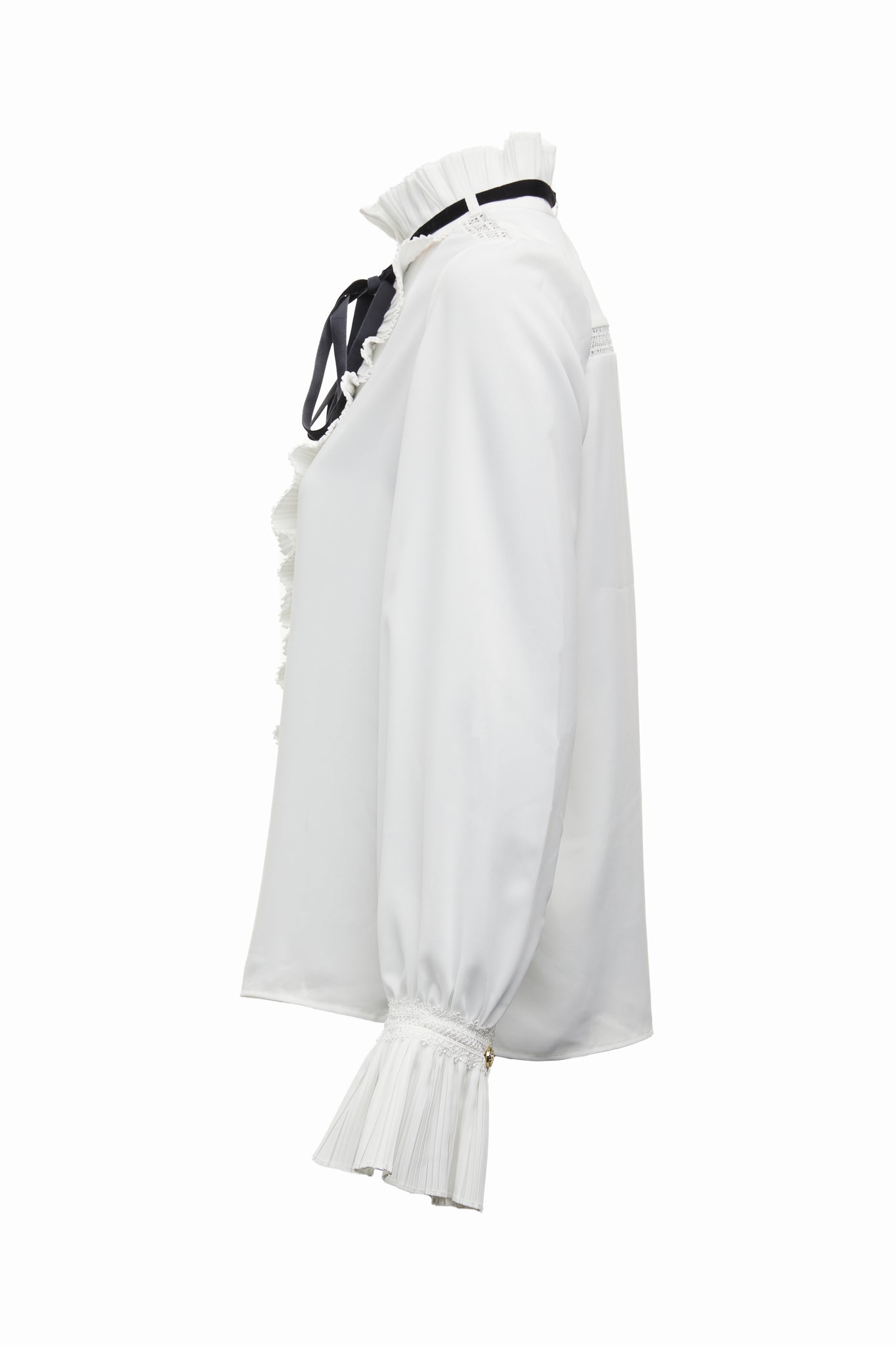 side image of womens relaxed fit white polyester shirt with ruffled front collar and cuffs and removable black tie detail