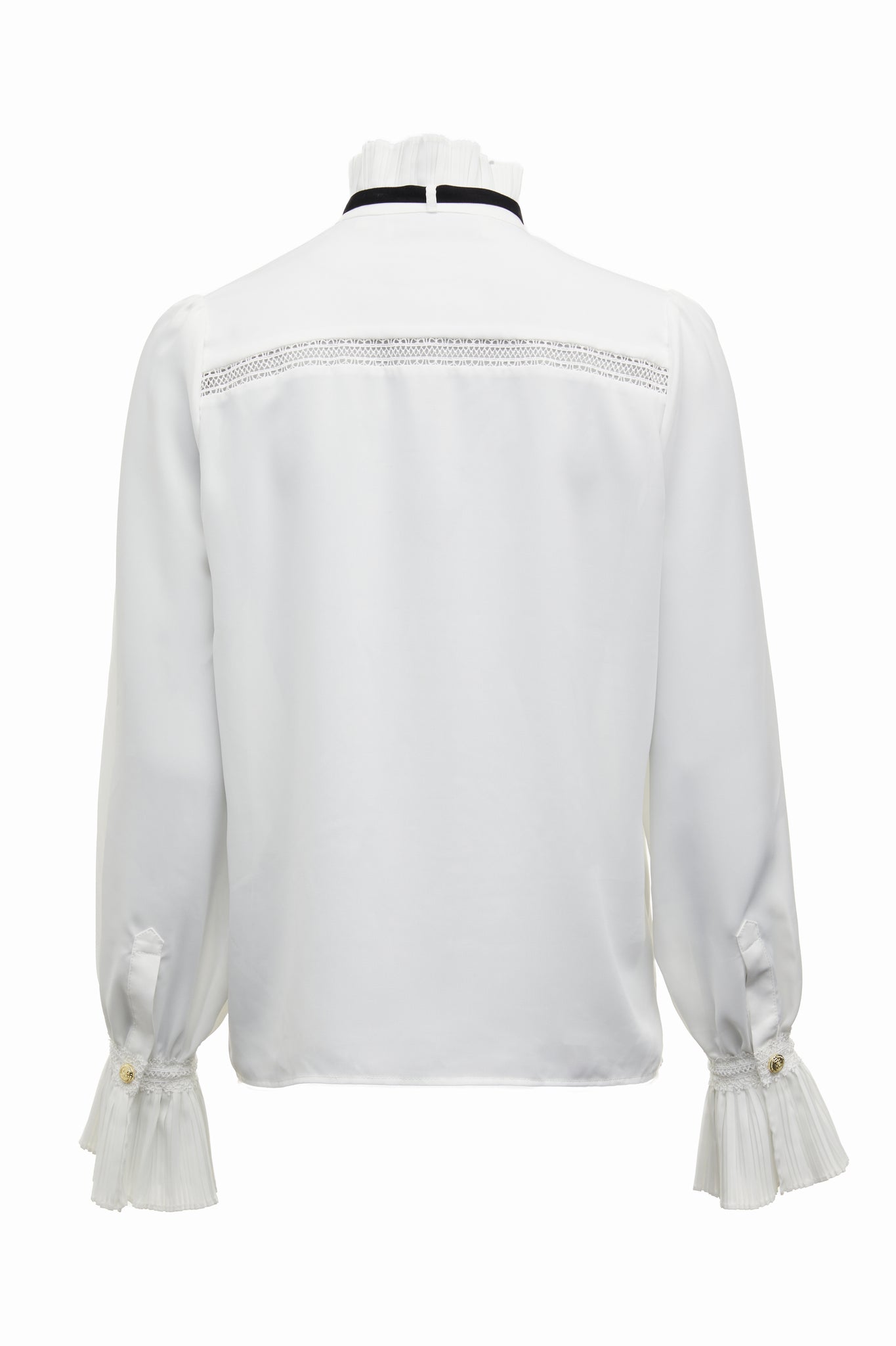 back of womens relaxed fit white polyester shirt with ruffled front collar and cuffs and removable black tie detail