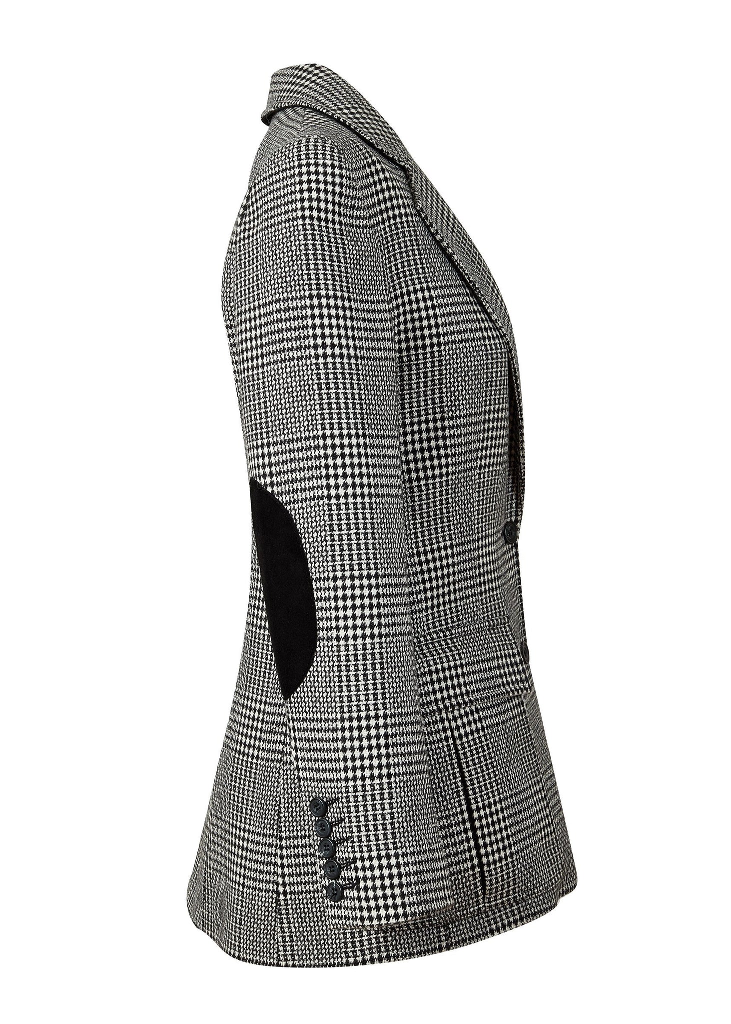 side of womens tailored fit single breasted blazer in black and white check with patch pockets and contrast black suede elbow patches and underside collar