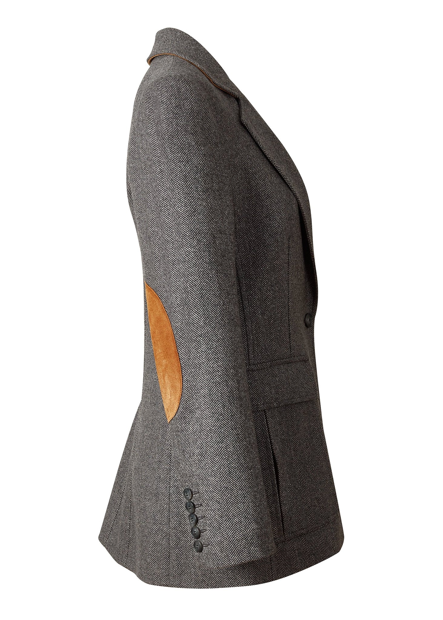 side of womens tailored fit single breasted blazer in grey herringbone with patch pockets and contrast tan suede elbow patches and underside collar