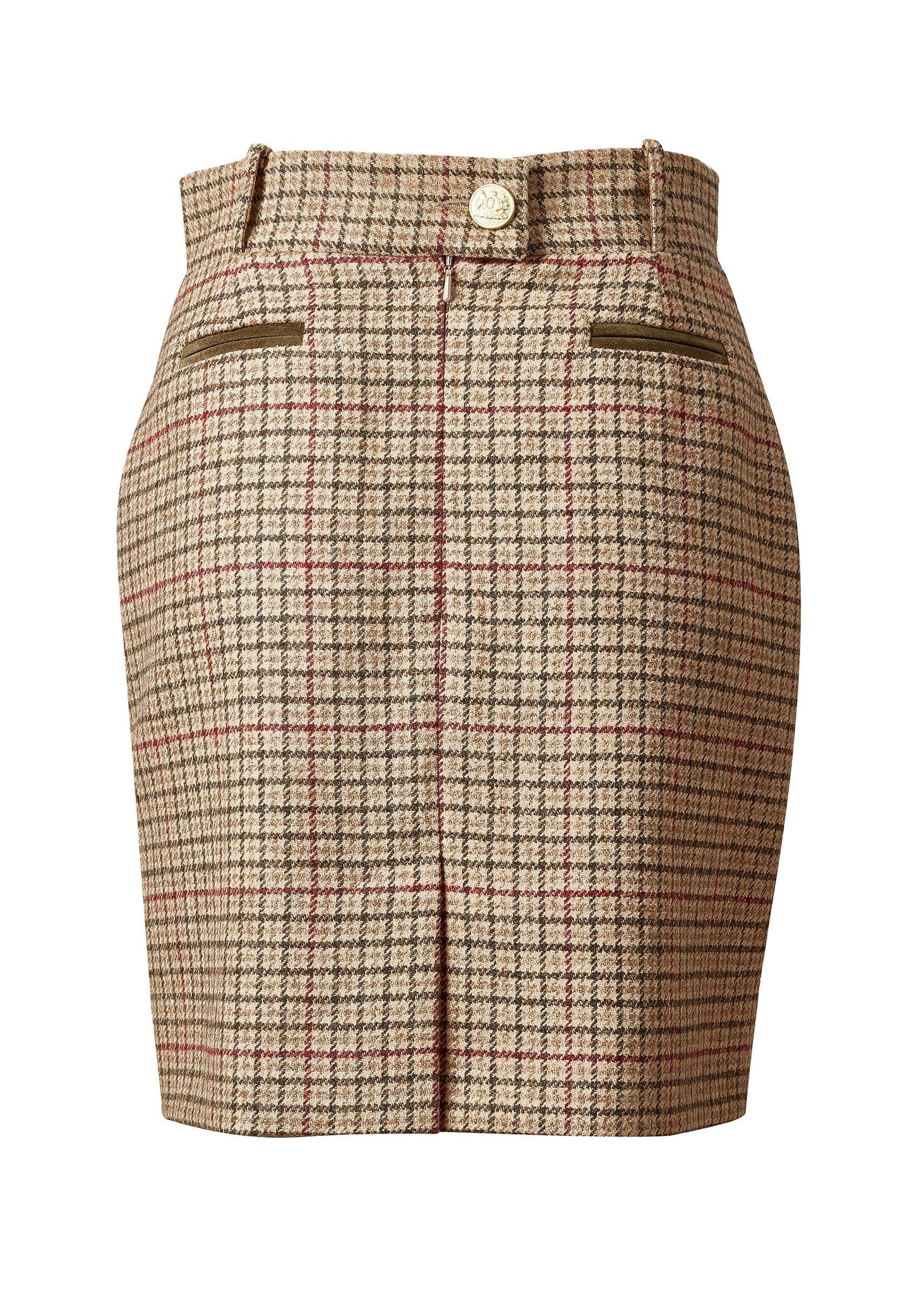 back of womens wool pencil mini skirt in light brown and red tweed check with concealed zip fastening on centre back and gold rivets down front