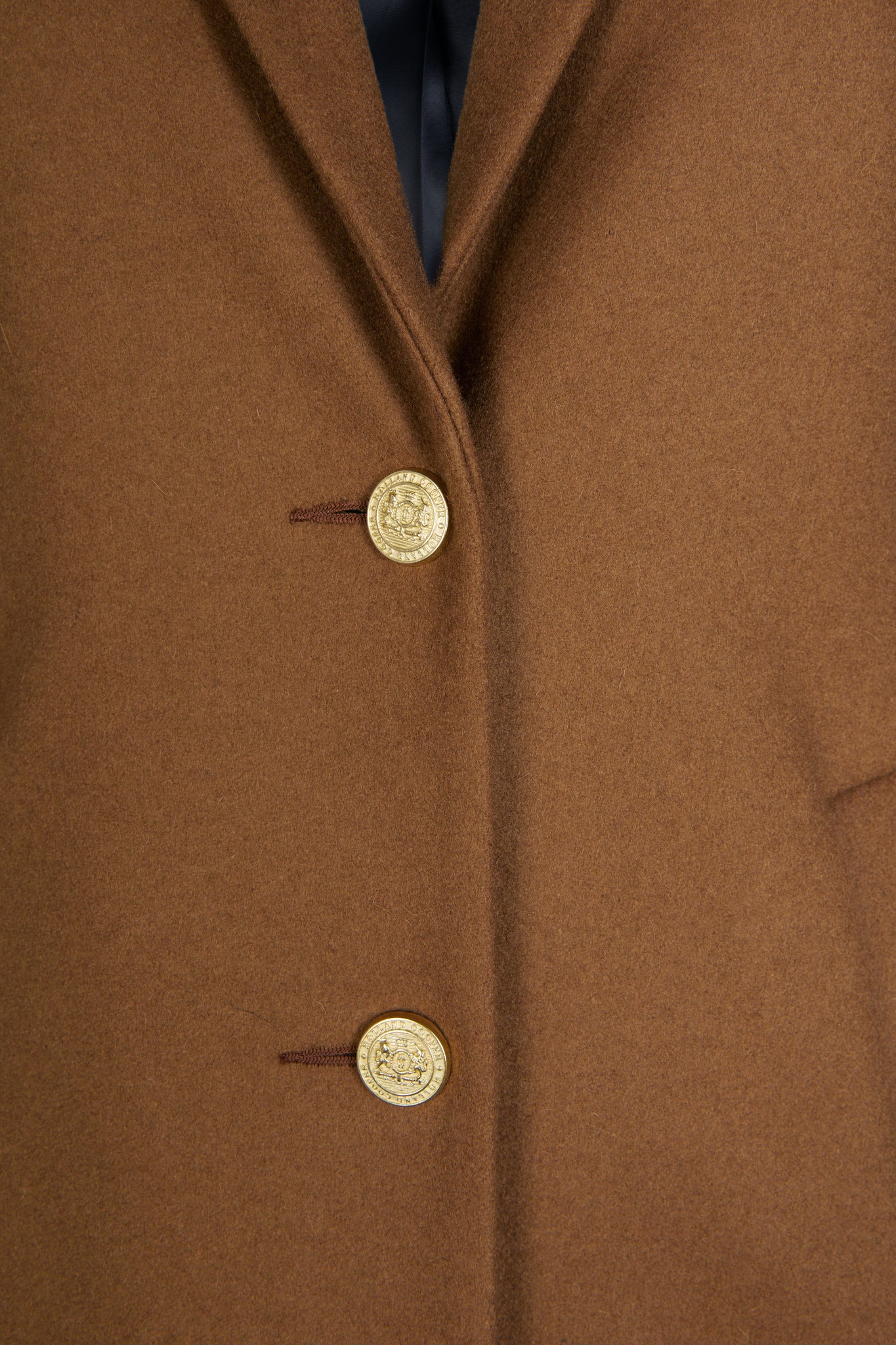 gold button detail of womens dark camel single breasted full length wool coat