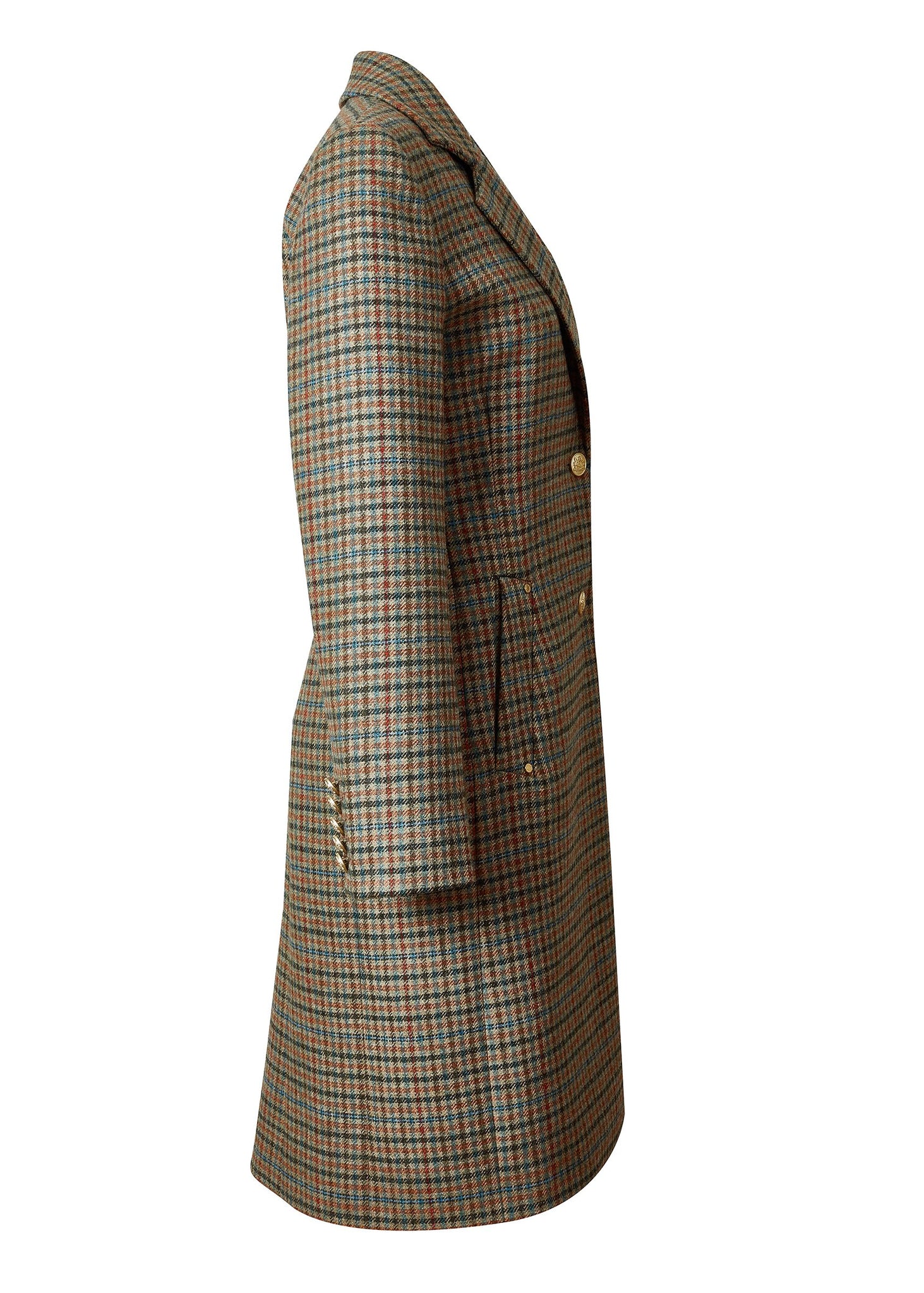 side of womens green tweed knee length single breasted coat detailed with gold hardware