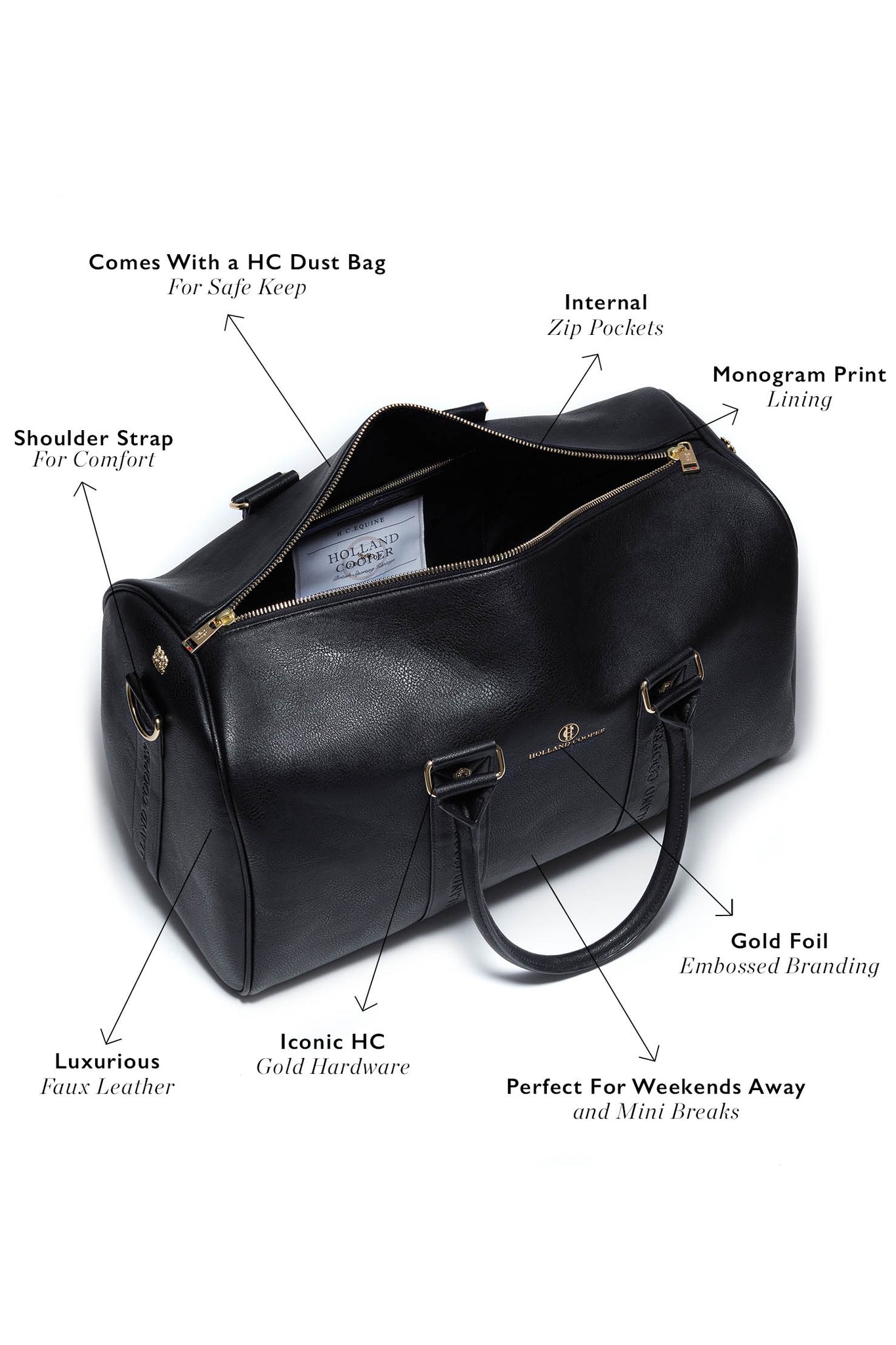 zip open along the black faux leather travel holdall showing inside pocket