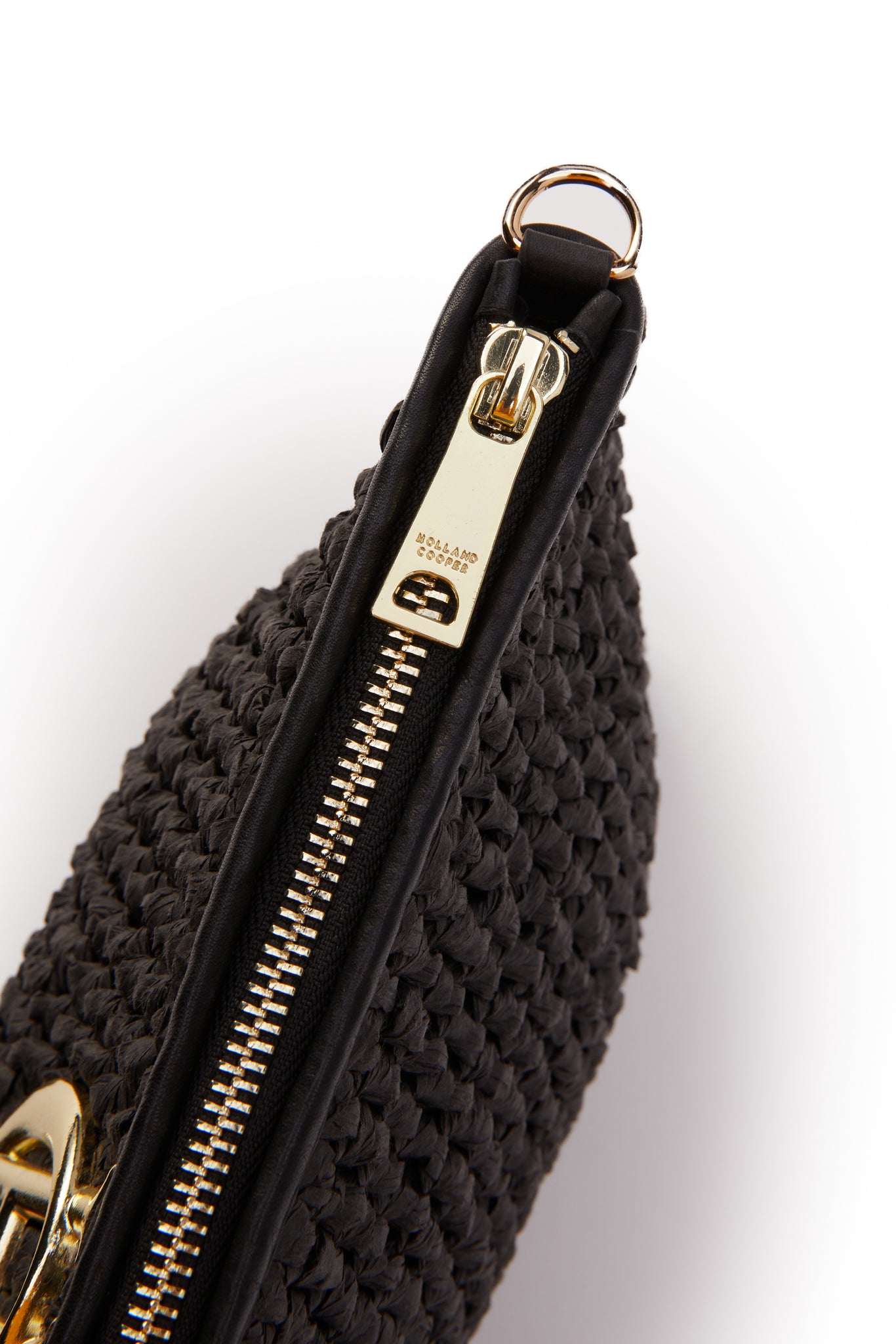 detail shot of gold zip black raffia bag