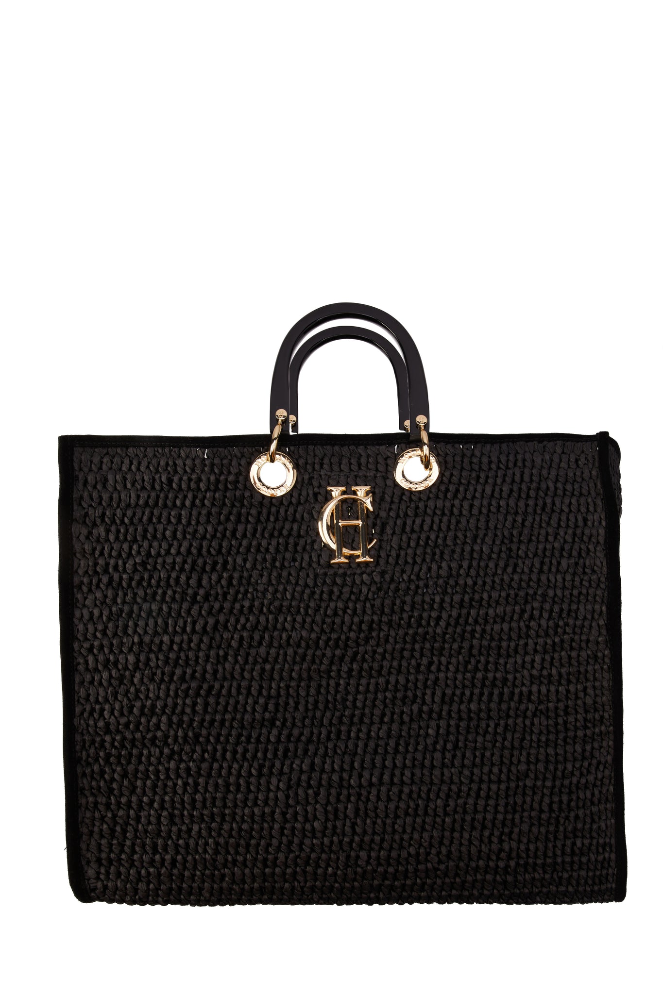 front of womens black raffia tote bag with black top handle and gold hardware