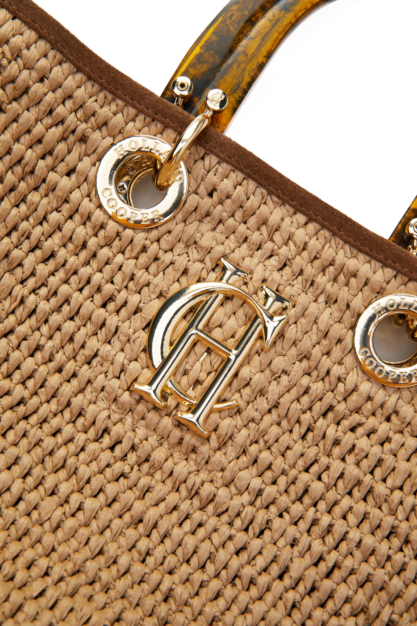 close up of gold hardware details on womens natural raffia tote bag