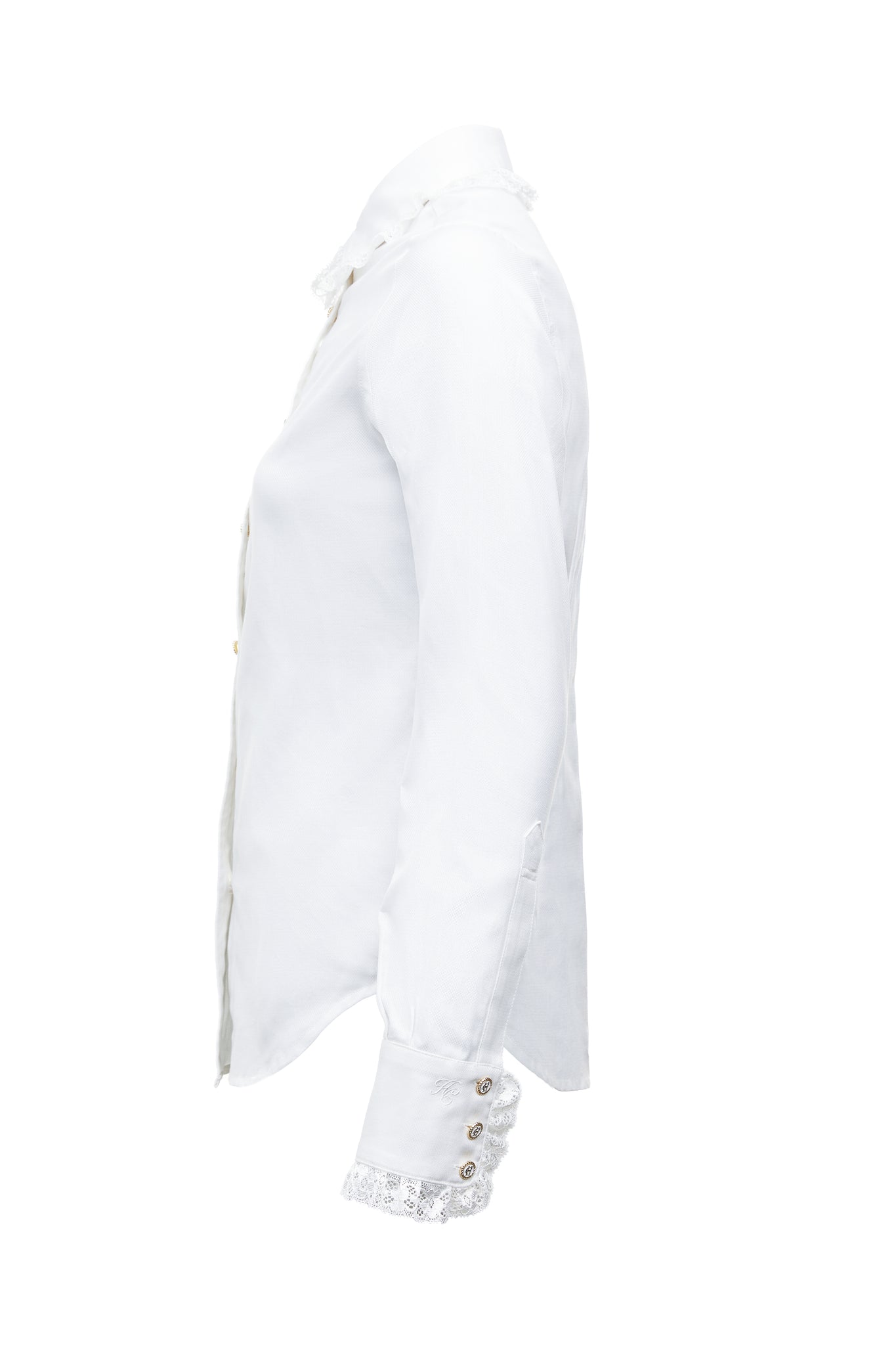 side image of feminine white shirt with delicate lace trim around the club style collar and cuffs and detailed with enamel holland cooper buttons