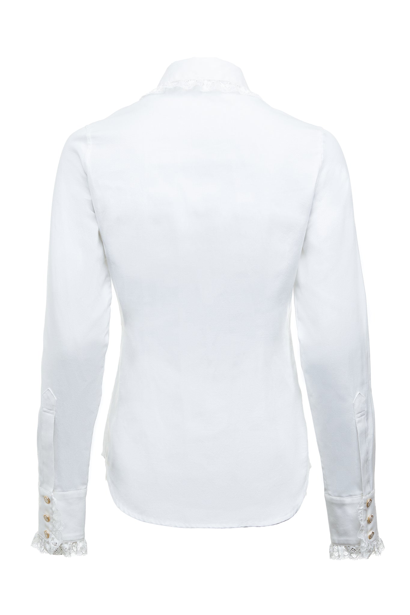back image of feminine white shirt with delicate lace trim around the club style collar and cuffs and detailed with enamel holland cooper buttons