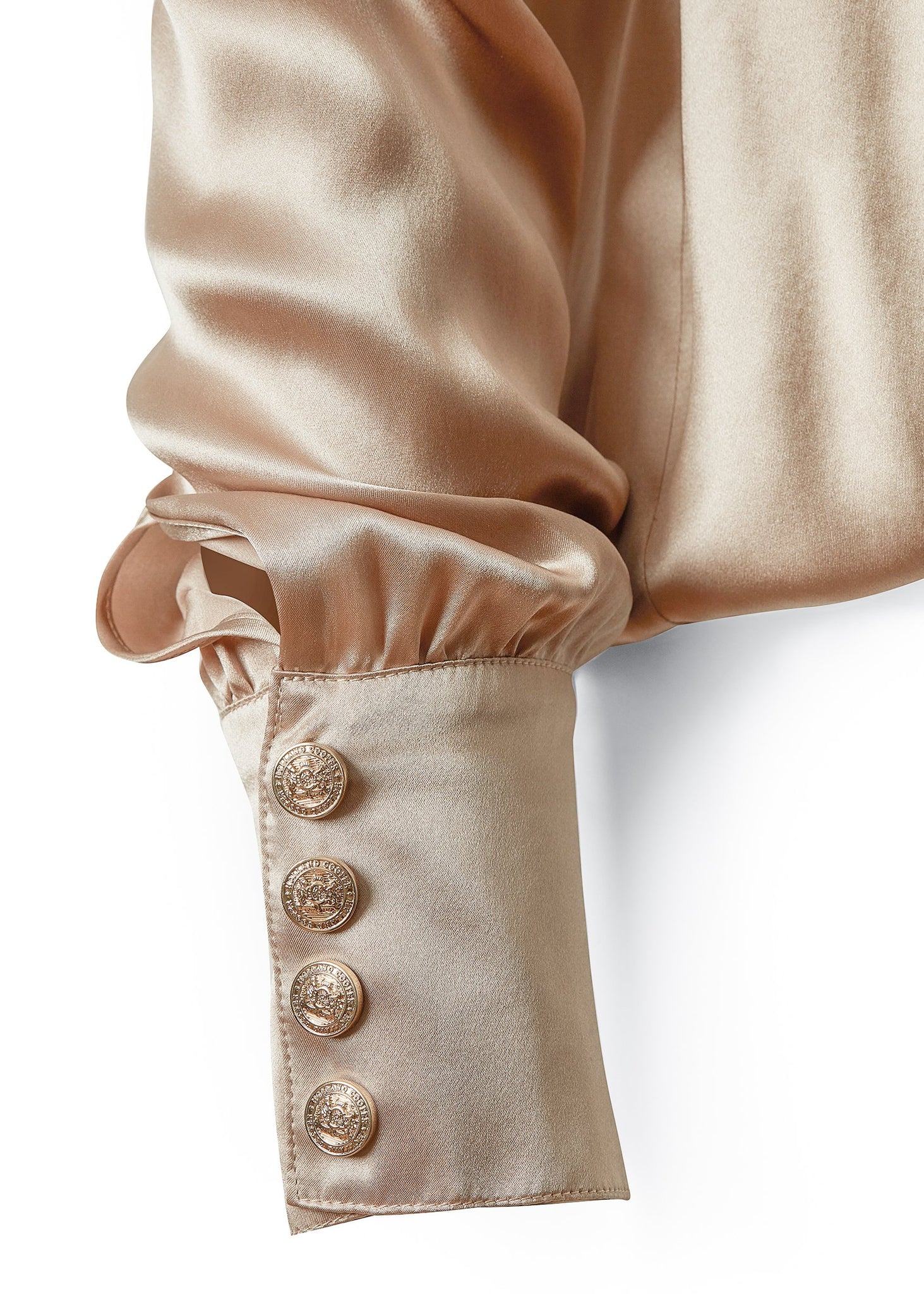 button detail on womens long sleeve silk champagne wrap front bodysuit with gold buttons