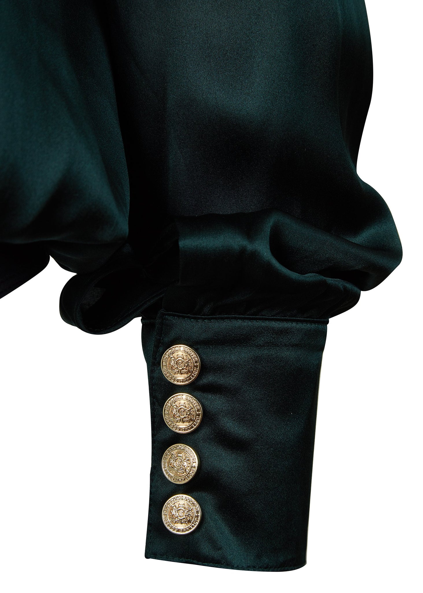 button detail on womens long sleeve silk dark green wrap front bodysuit with gold buttons