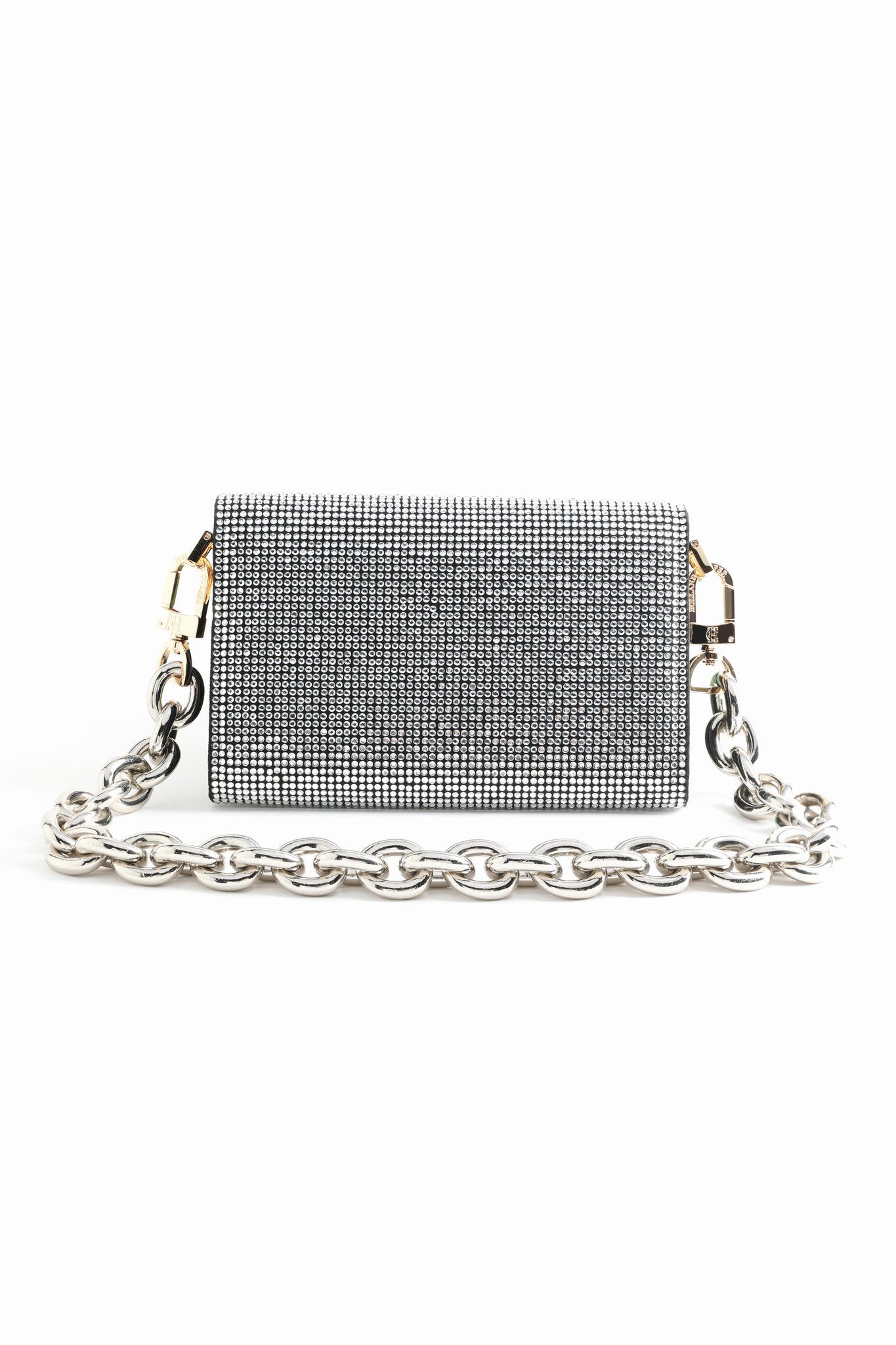 back shot of crystal embellished clutch bag with silver chunky chain