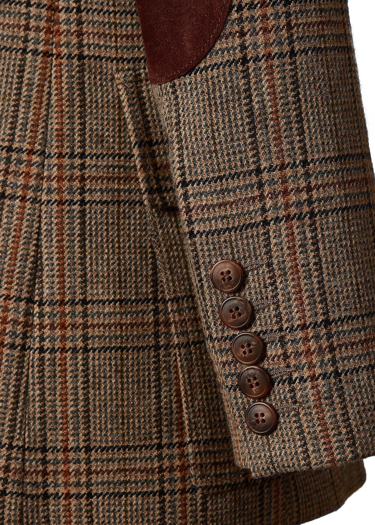horn button cuff detail on womens classic slim fit single breasted blazer in brown and orange tweed with lower patch pockets with concealed button flap contrast brown suede shoulder gun patch with elbow patches and horn button finish on cuffs and front 