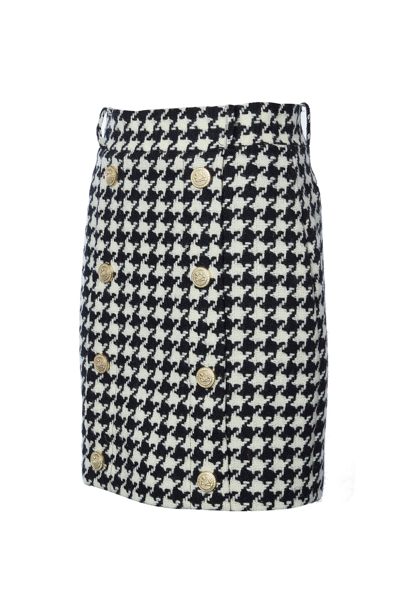 womens black and white large scale houndstooth wool pencil mini skirt with concealed zip fastening on centre back and gold rivets down front