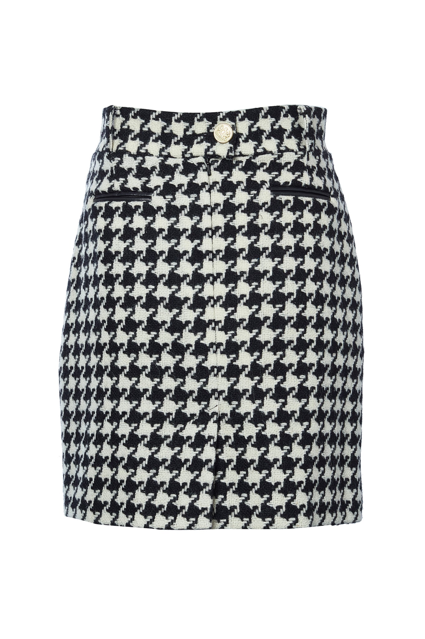 back of womens black and white large scale houndstooth wool pencil mini skirt with concealed zip fastening on centre back and gold rivets down front
