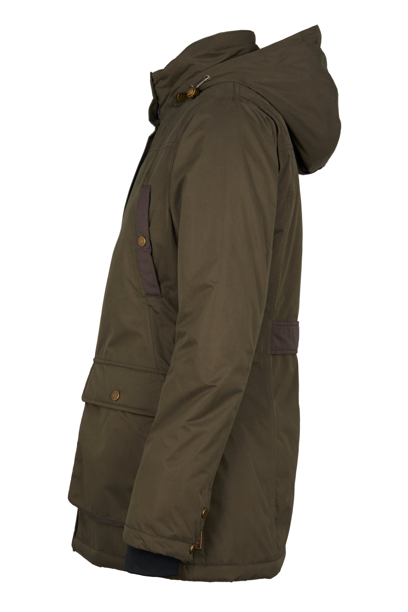 side of multiway coat in khaki that works as a 3 in 1 a waterproof outer coat with stowaway hood and deep pockets and black jersey storm cuffs and a fleece gilet inner with tan leather trims can be worn together or separately