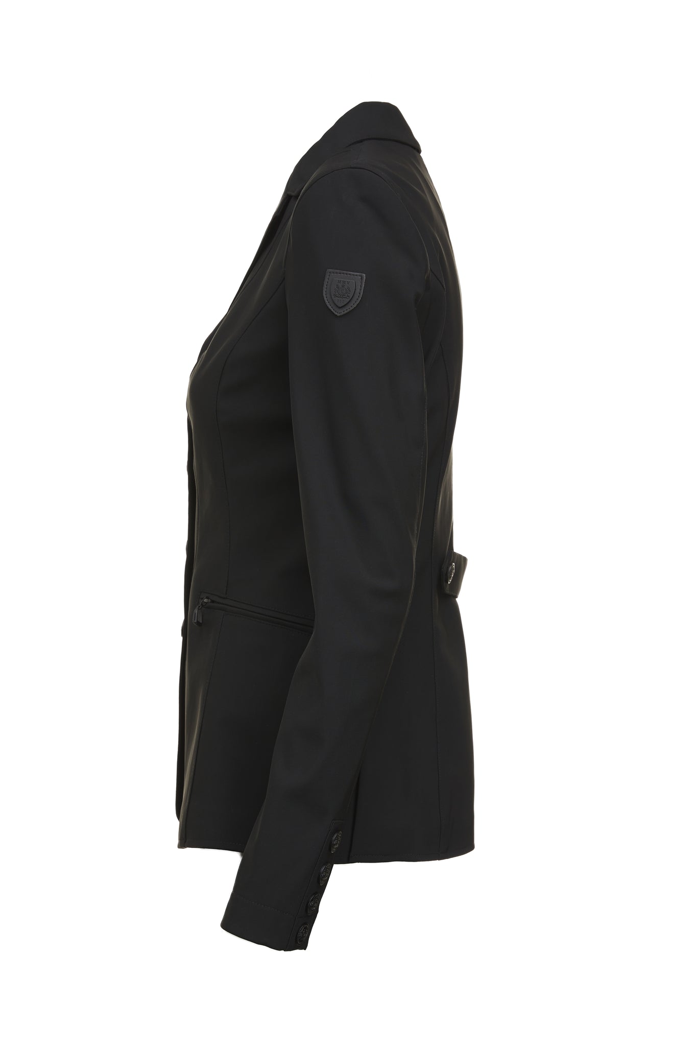side of womens black competition jacket with black hardware