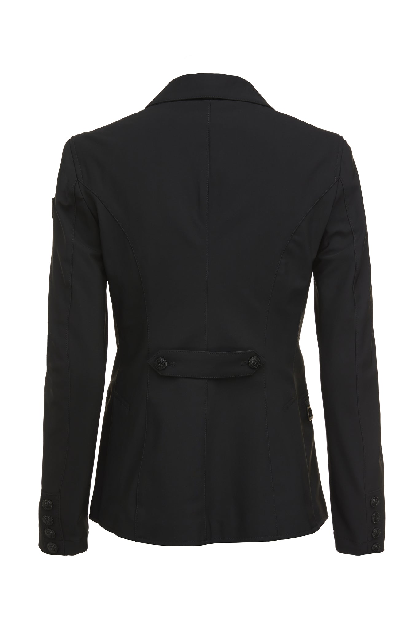 back of womens black competition jacket with black hardware