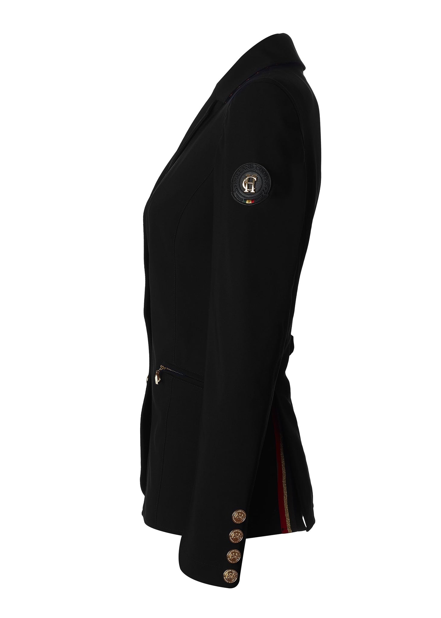 side of womens black competition jacket with gold hardware 