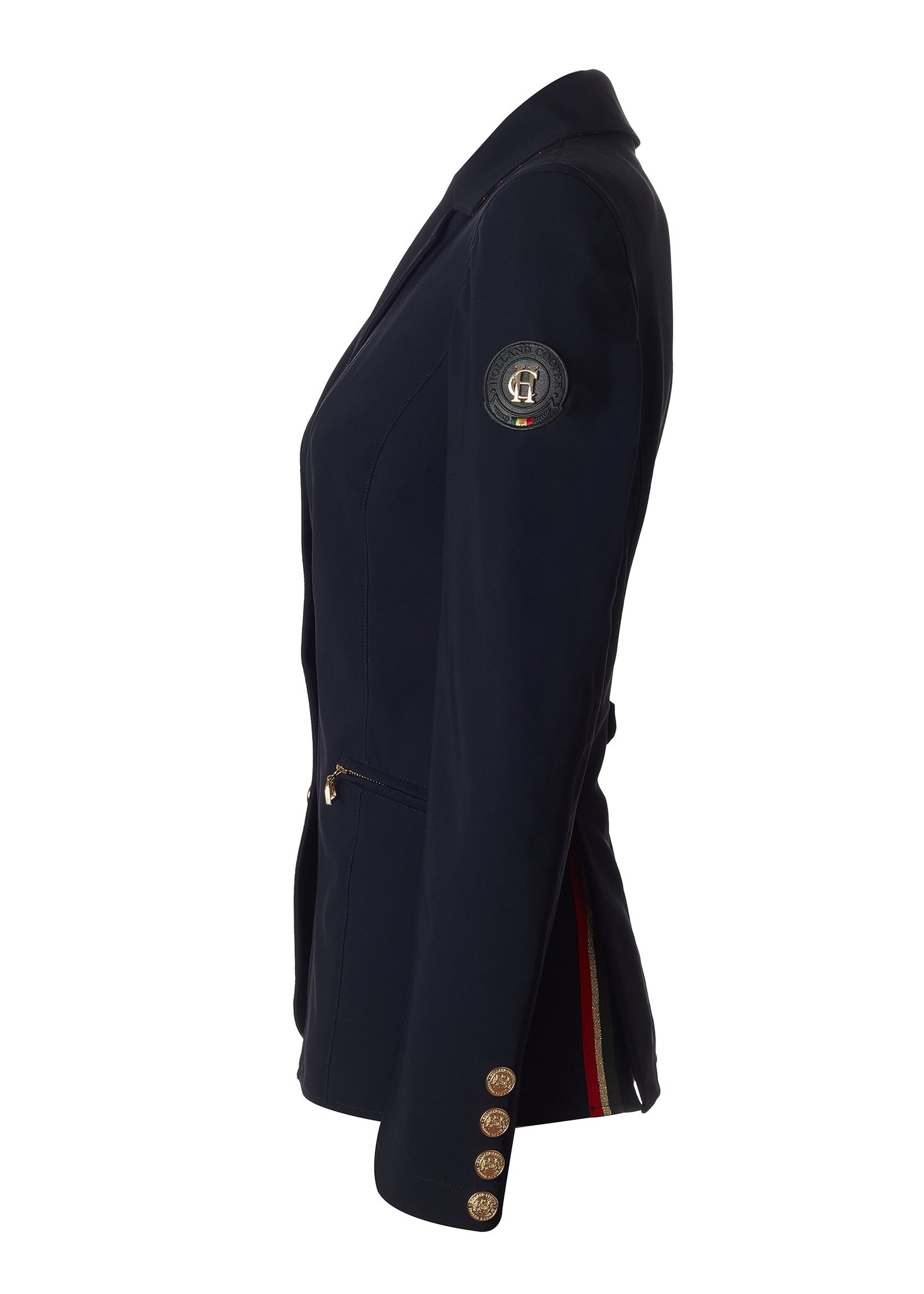 side of womens navy competition jacket with gold hardware 