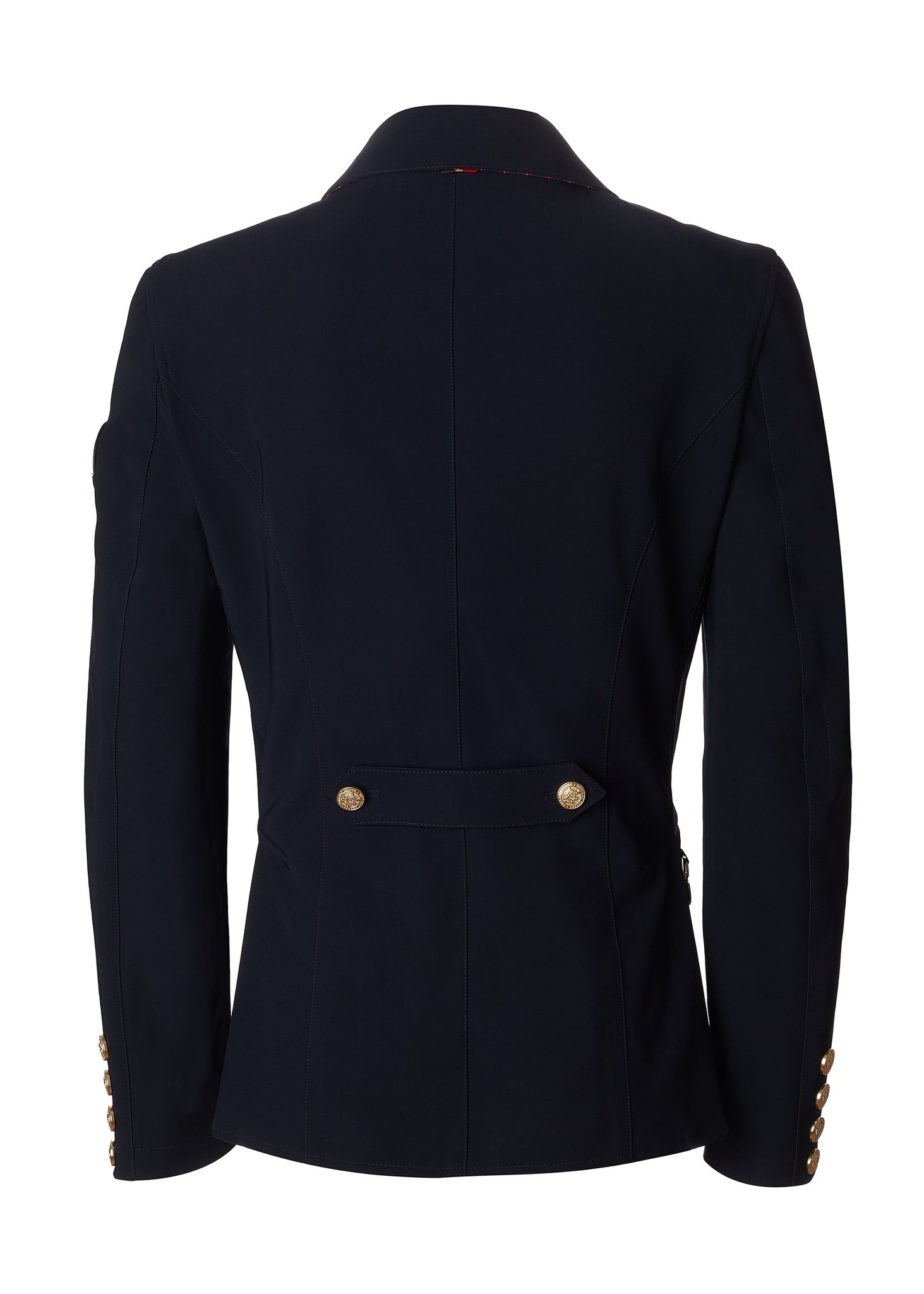 back of womens navy competition jacket with gold hardware 