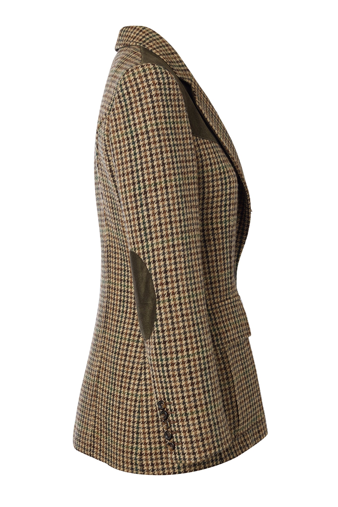 side of womens classic slim fit single breasted blazer in green tan and brown houndstooth tweed with lower patch pockets with concealed button flap contrast khaki suede shoulder gun patch with elbow patches and horn button finish on cuffs and front