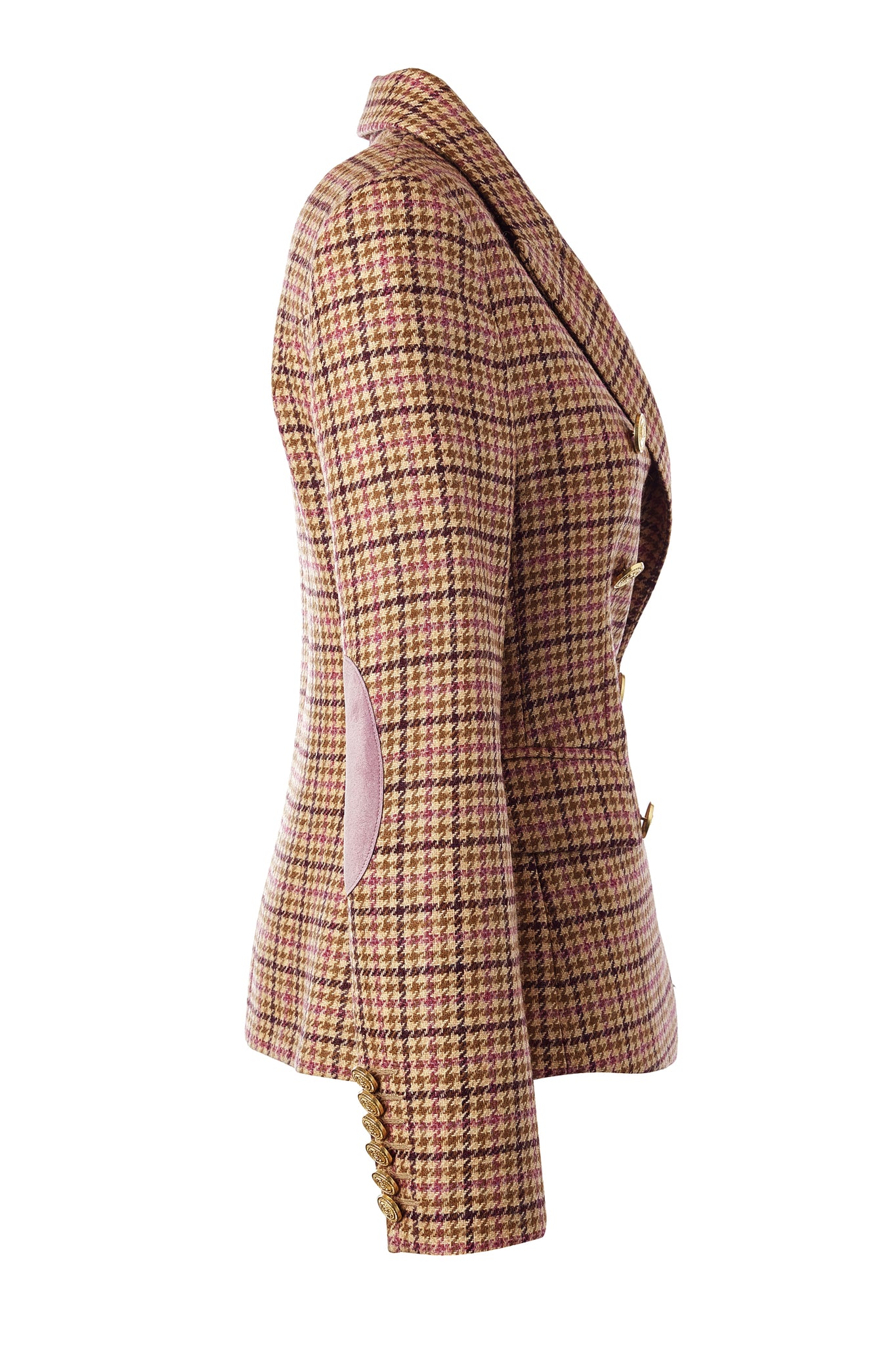 side of British made double breasted blazer that fastens with a single button hole to create a more form fitting silhouette with two pockets and gold button detailing this blazer is made from pink purple and brown check houndstooth fabric