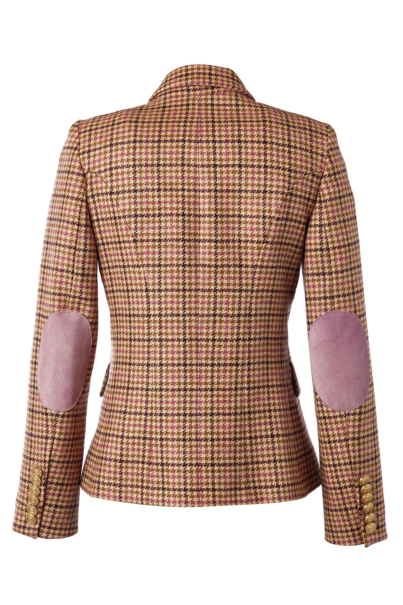 back of British made double breasted blazer that fastens with a single button hole to create a more form fitting silhouette with two pockets and gold button detailing this blazer is made from pink purple and brown check houndstooth fabric