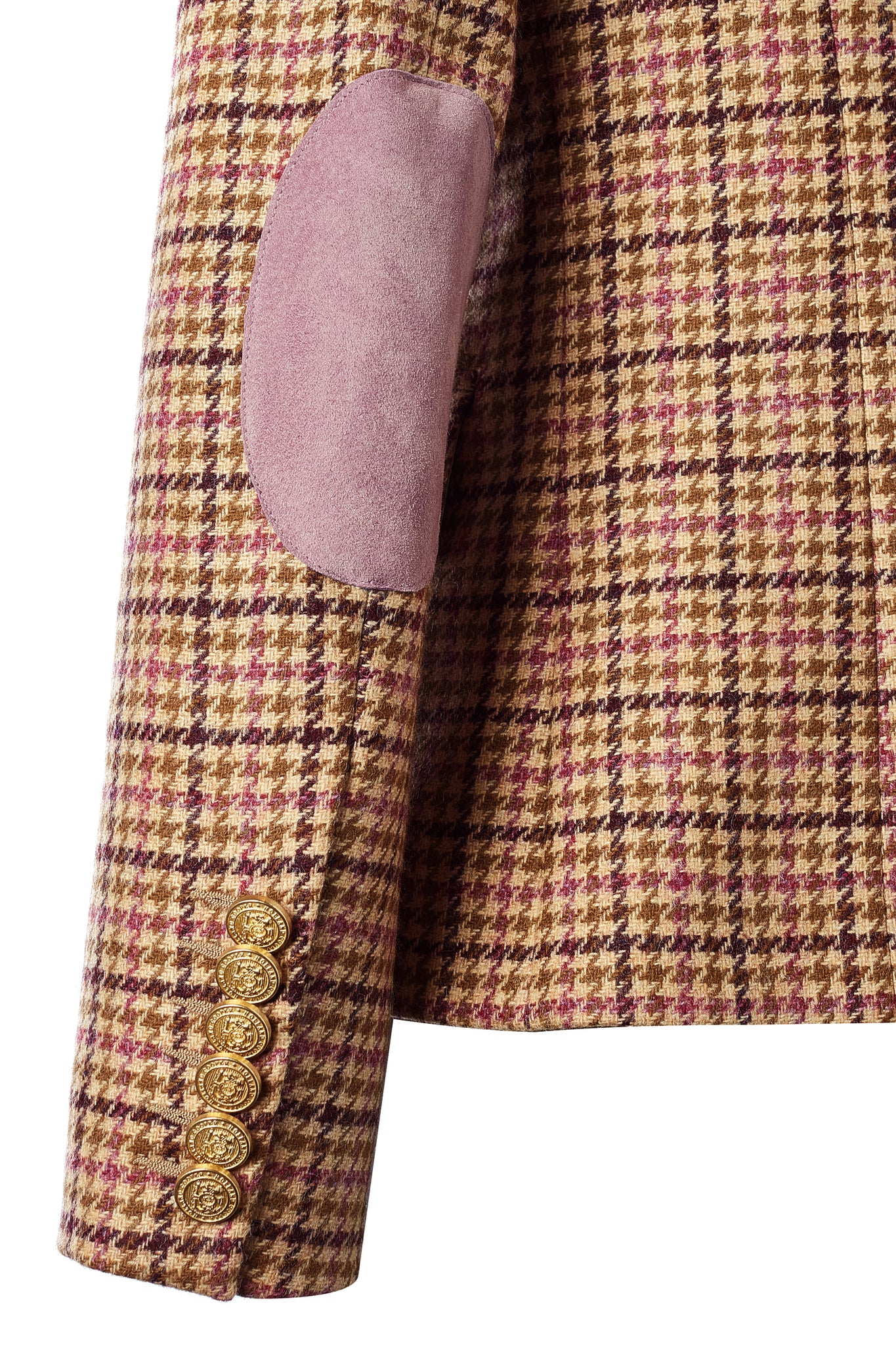 pink suede elbow patch and gold button detail on cuffs of British made double breasted blazer that fastens with a single button hole to create a more form fitting silhouette with two pockets and gold button detailing this blazer is made from pink purple and brown check houndstooth fabric