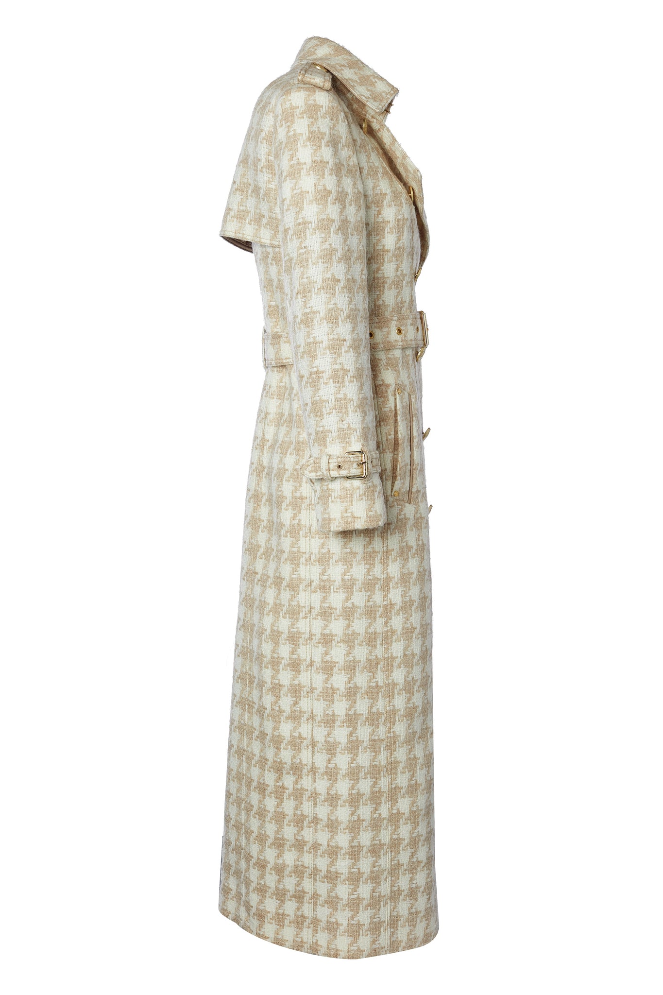 side of womens cream and camel houndstooth double breasted full length wool trench coat