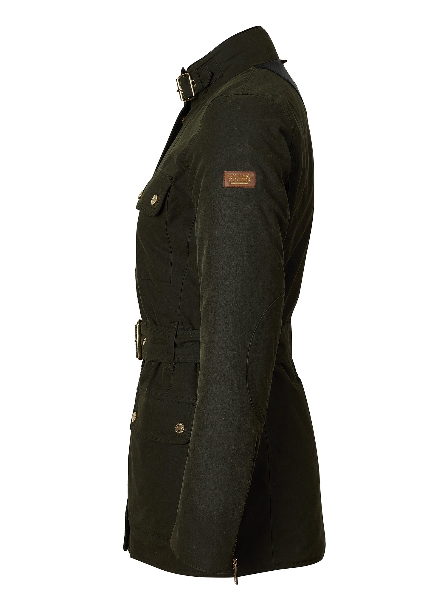side of womens coated wax jacket in dark olive green with four patch pockets belted waist and internal black gilet 
