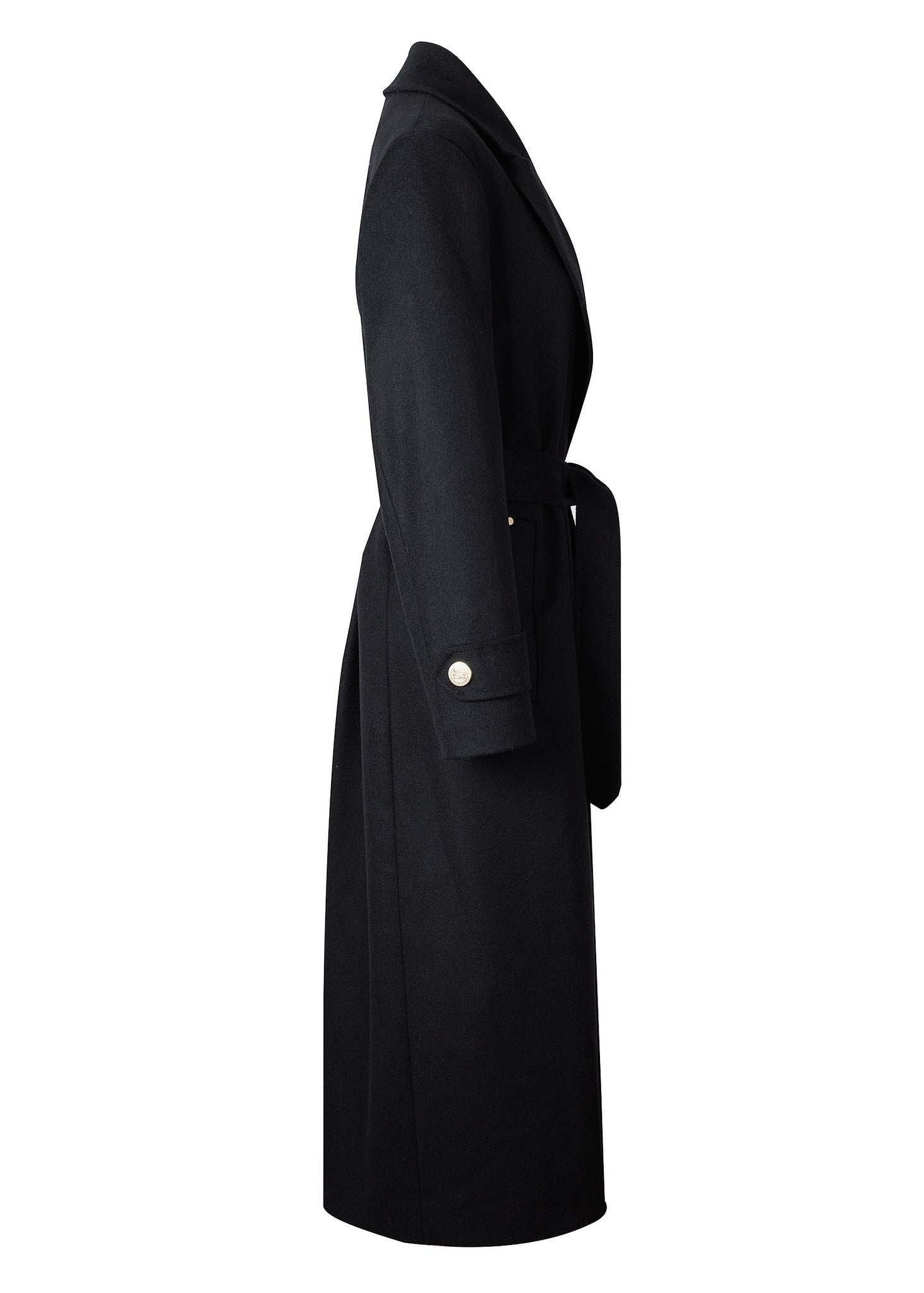 side of Womens black wool mid length wrap coat with tie belt