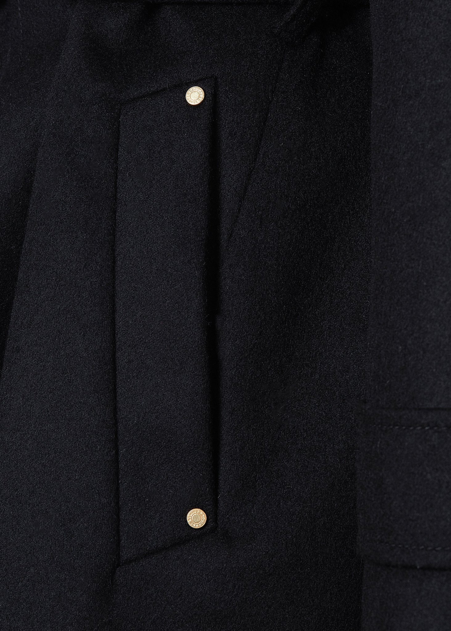 pocket detail on Womens black wool mid length wrap coat with tie belt