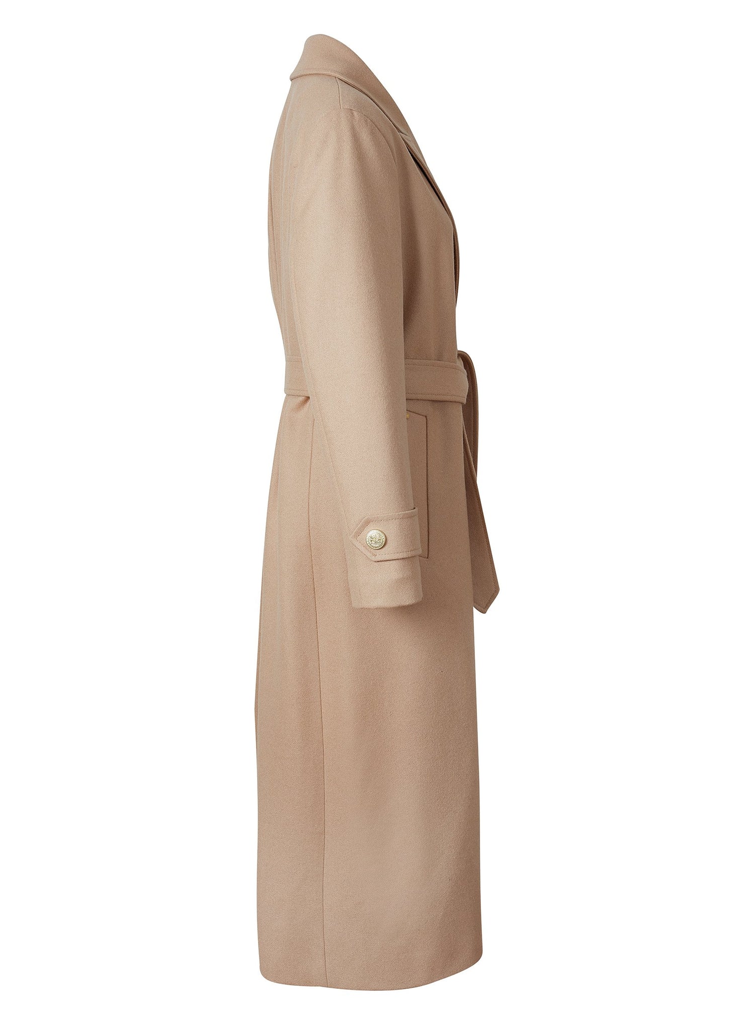 side of Womens camel mid length wrap coat with tie belt