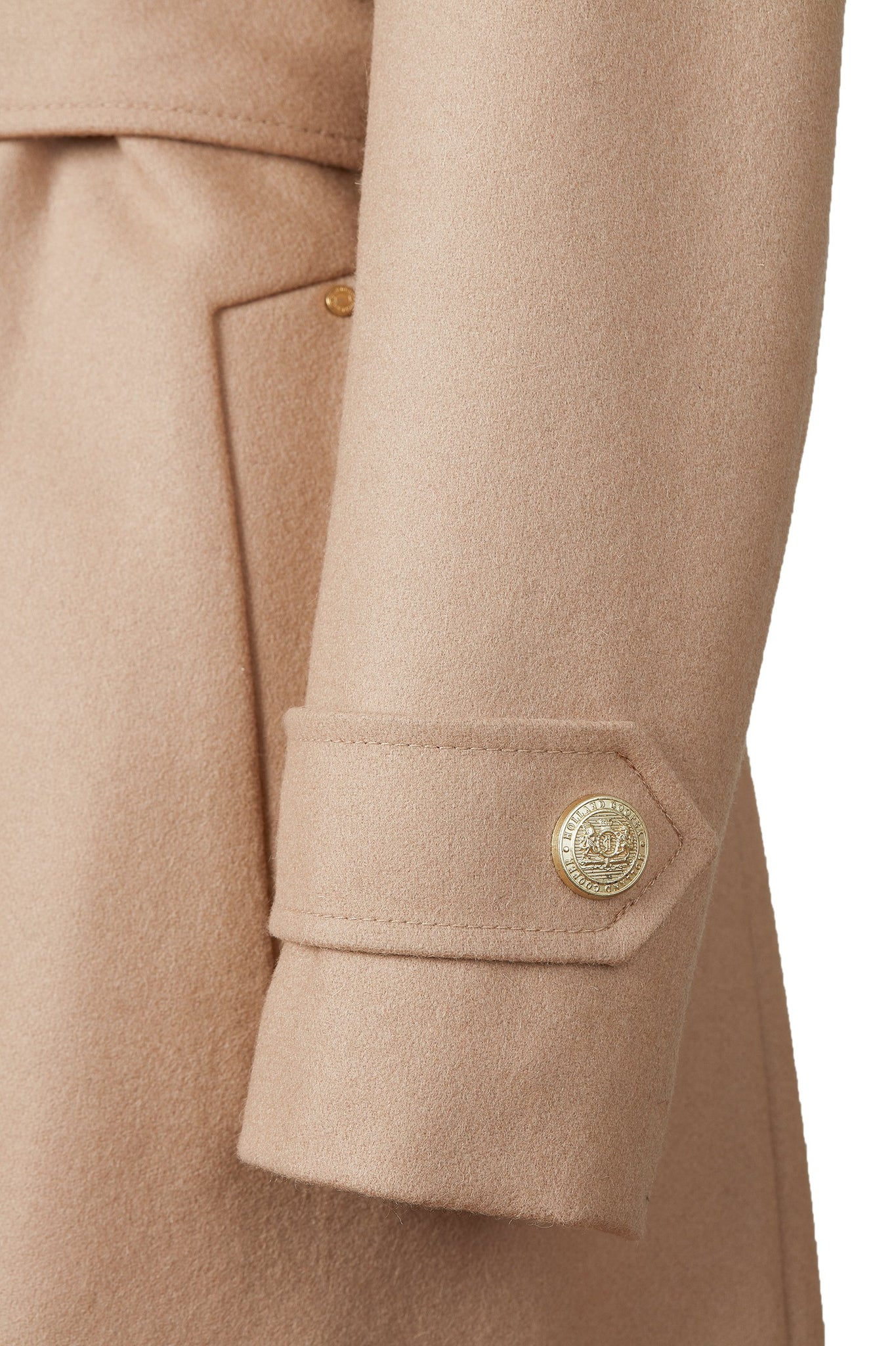 gold button on sleeve cuff detail on Womens camel mid length wrap coat with tie belt