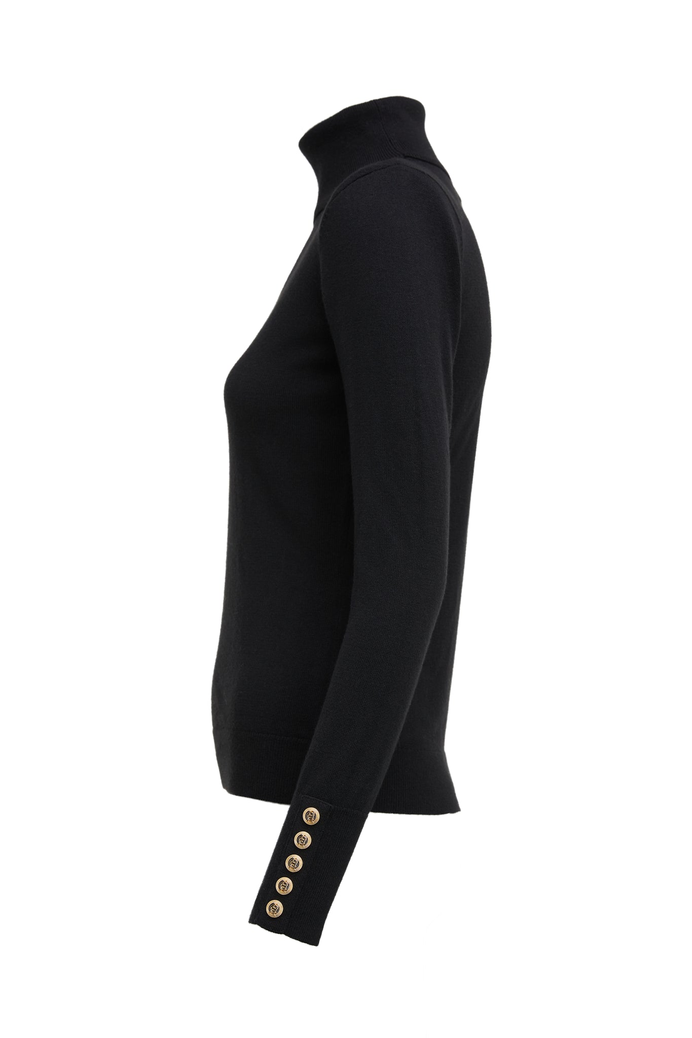 side of cashmere blend lightweight Roll neck knit in black with shoulder pads 