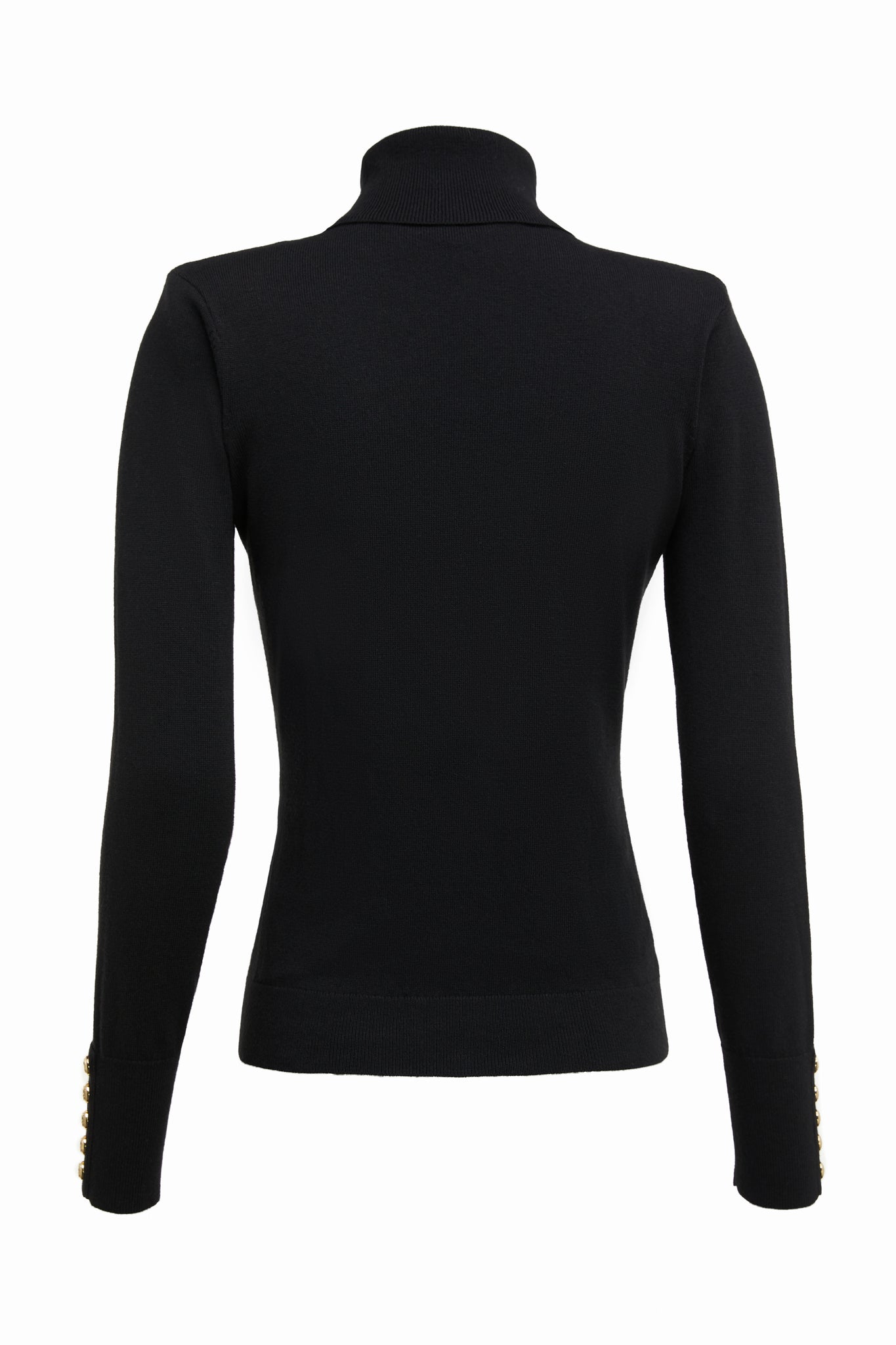 back of cashmere blend lightweight Roll neck knit in black with shoulder pads 