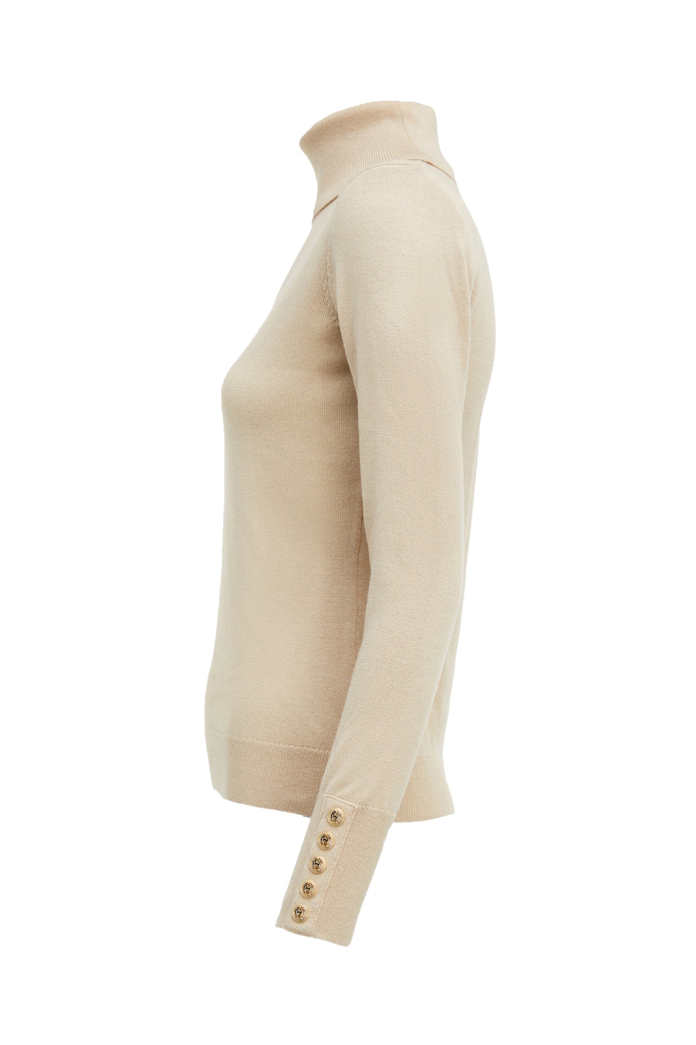 side of cashmere blend lightweight Roll neck knit in stone with shoulder pads 