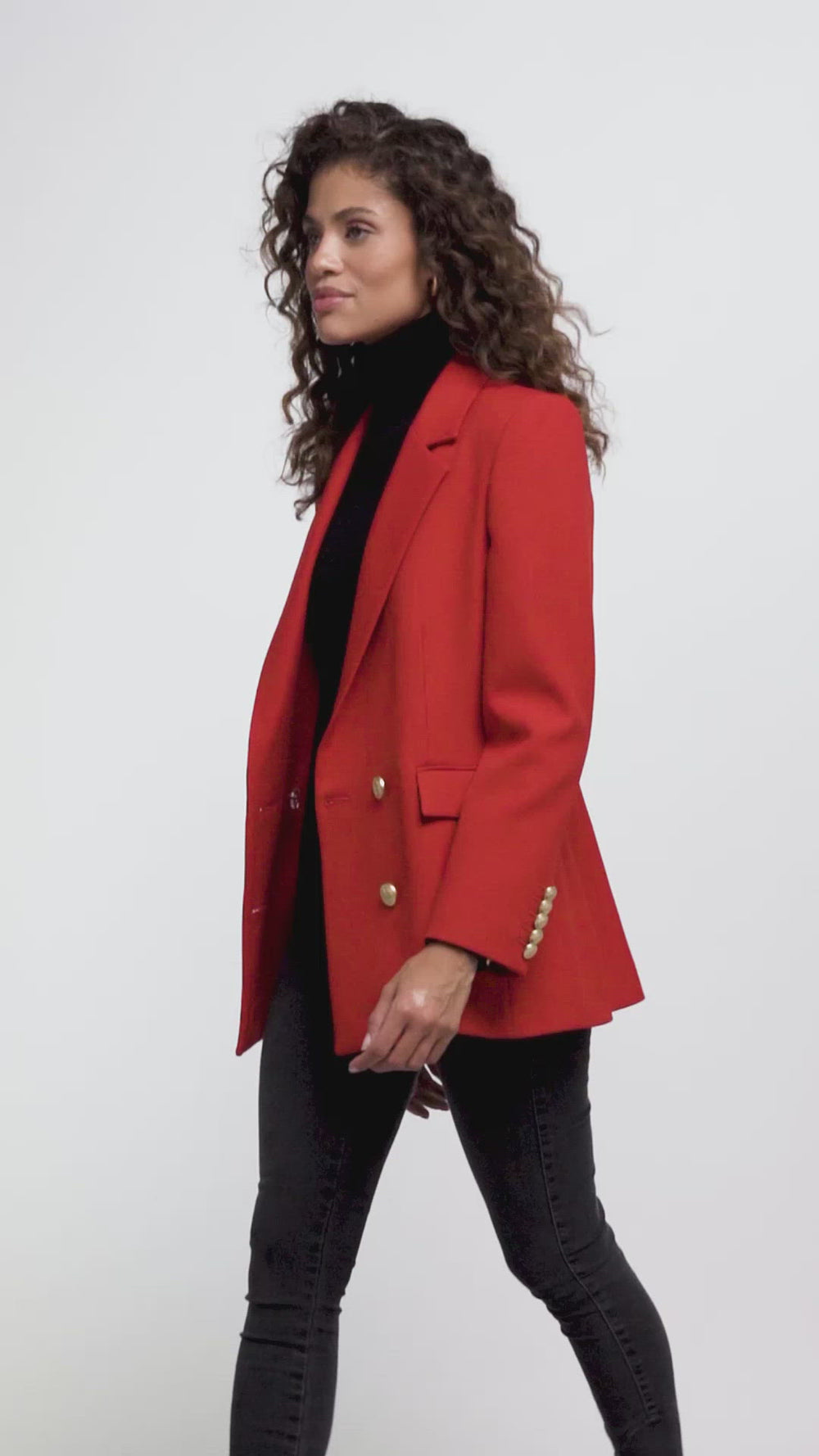 double breasted wool blazer in red barathea with two hip pockets and gold button details down front and on cuffs and handmade in the uk