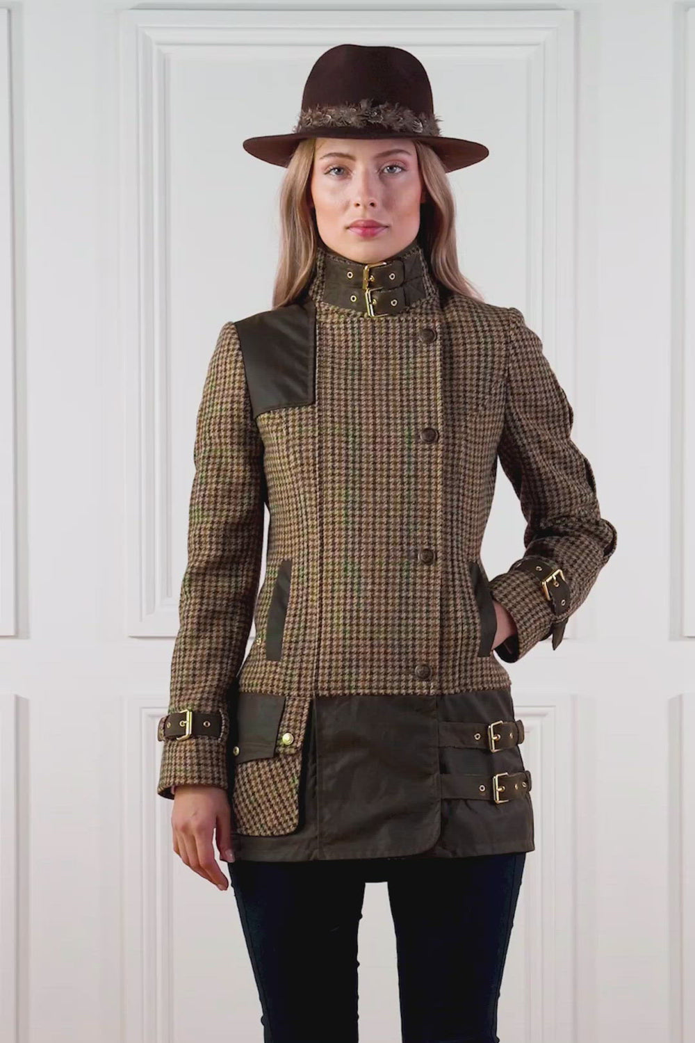 womens fitted field jacket in stone brown and green houndstooth tweed trimmed with contrast chocolate Millerain Wax fabric on shoulder across back and on the hip finished with horn button fastenings an buckles on the collar cuffs and hip