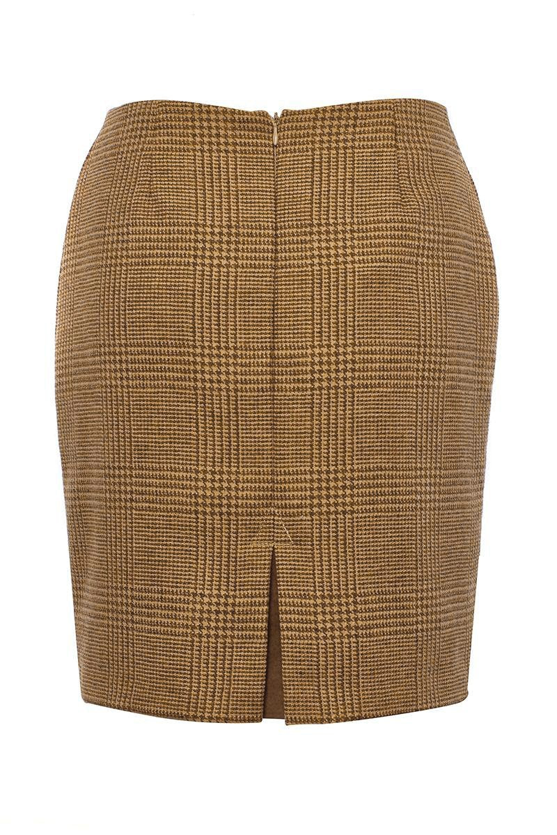 back of womens wool pencil mini skirt in light brown check tweed with slit on back and zip fastening on centre back