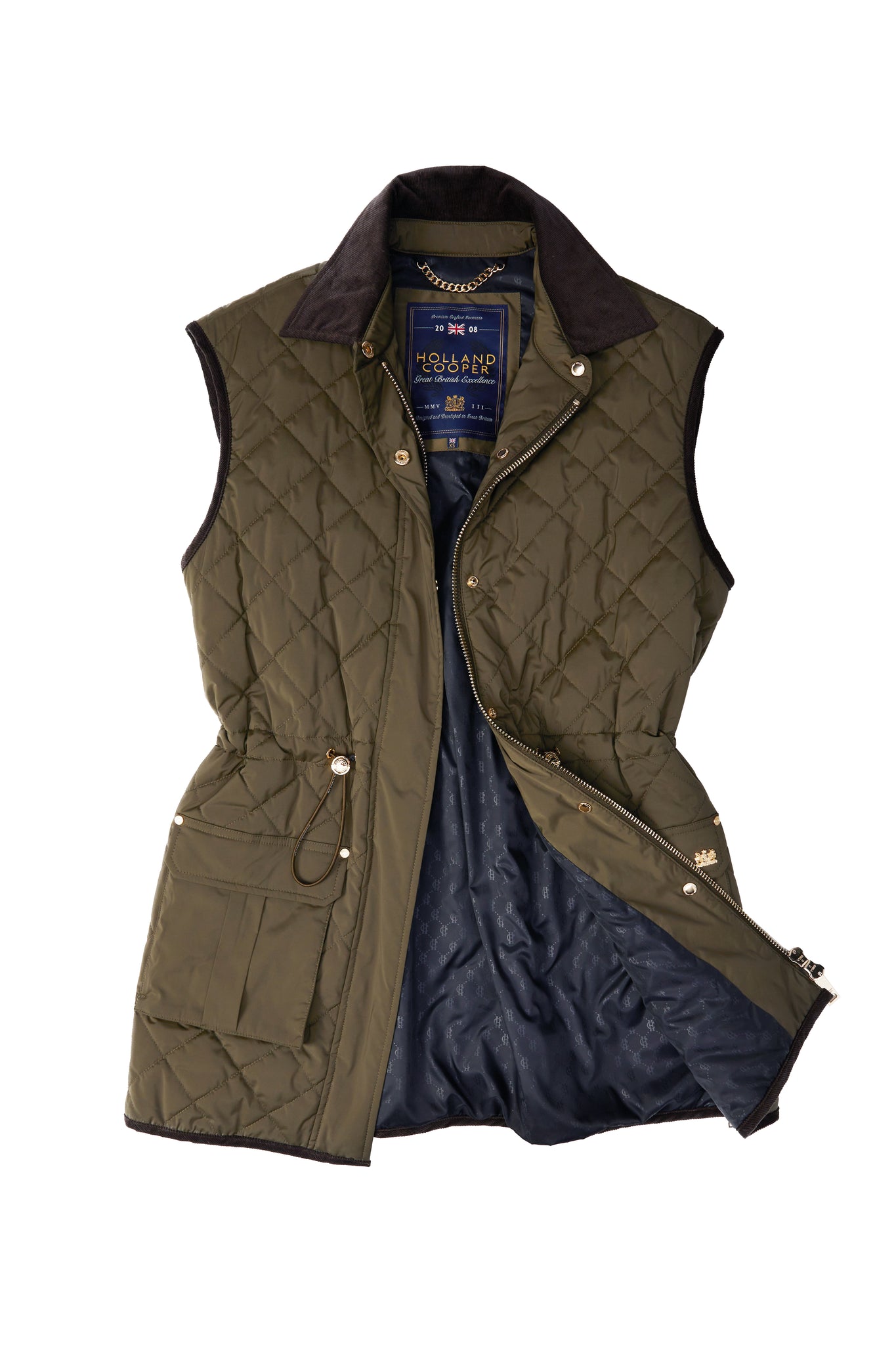 womens khaki quilted gilet with a dark brown collar and seams along the arm holes with drawstring toggles on the waist and two front pockets
