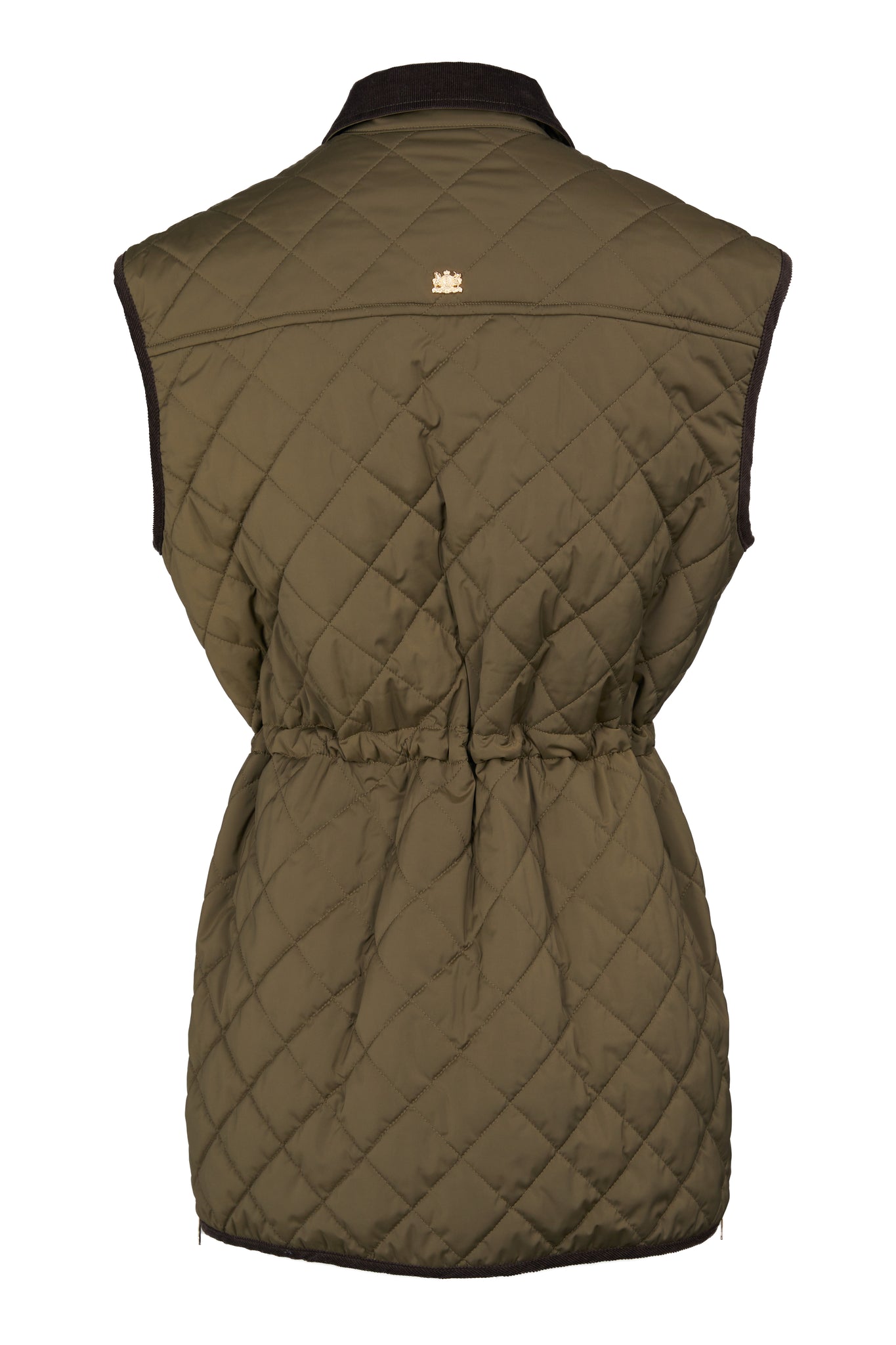 back of womens khaki quilted gilet with a dark brown collar and seams along the arm holes with a gold metallic logo