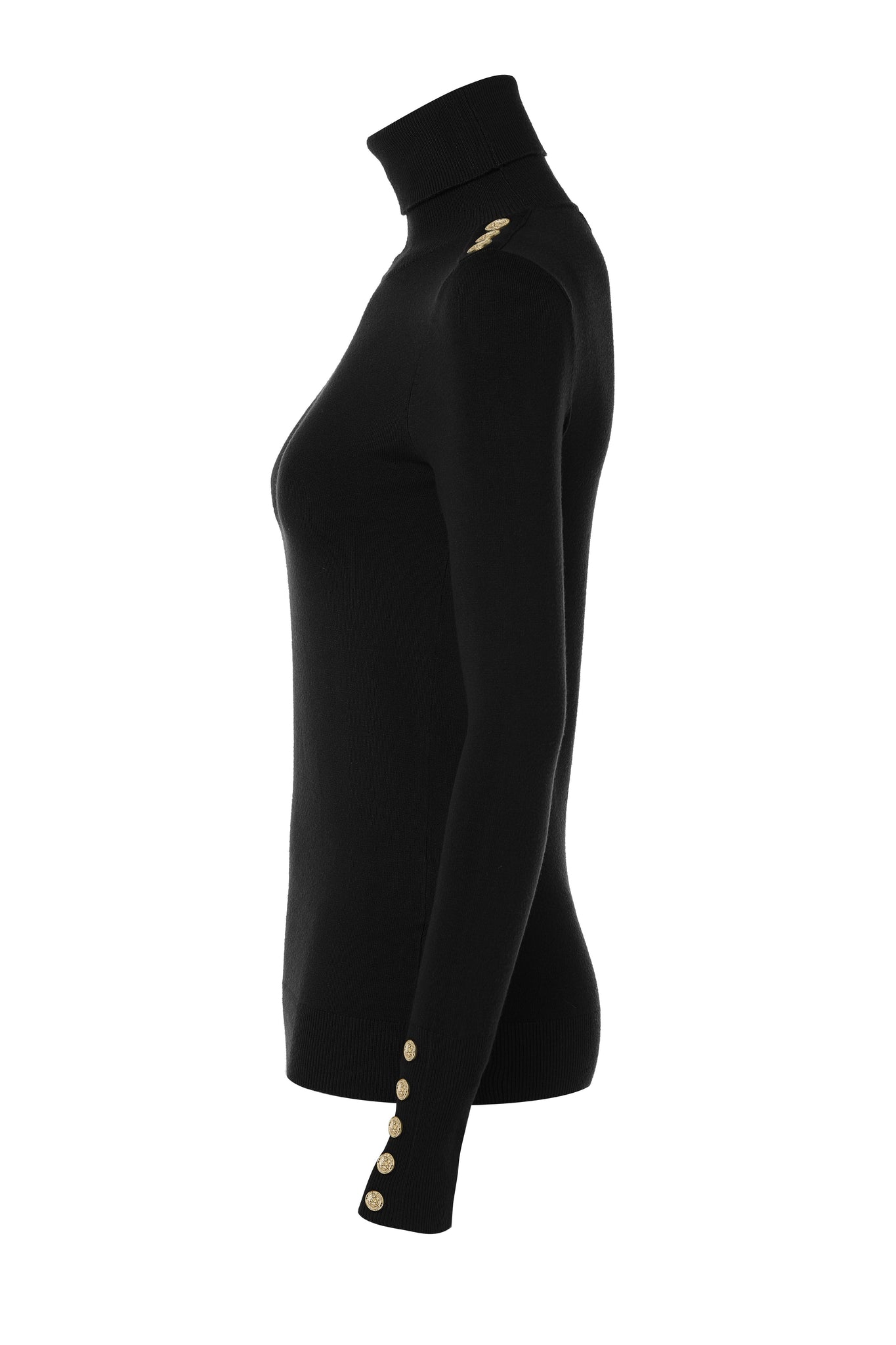 side of super soft lightweight jumper in black with ribbed roll neck collar, cuffs and hem