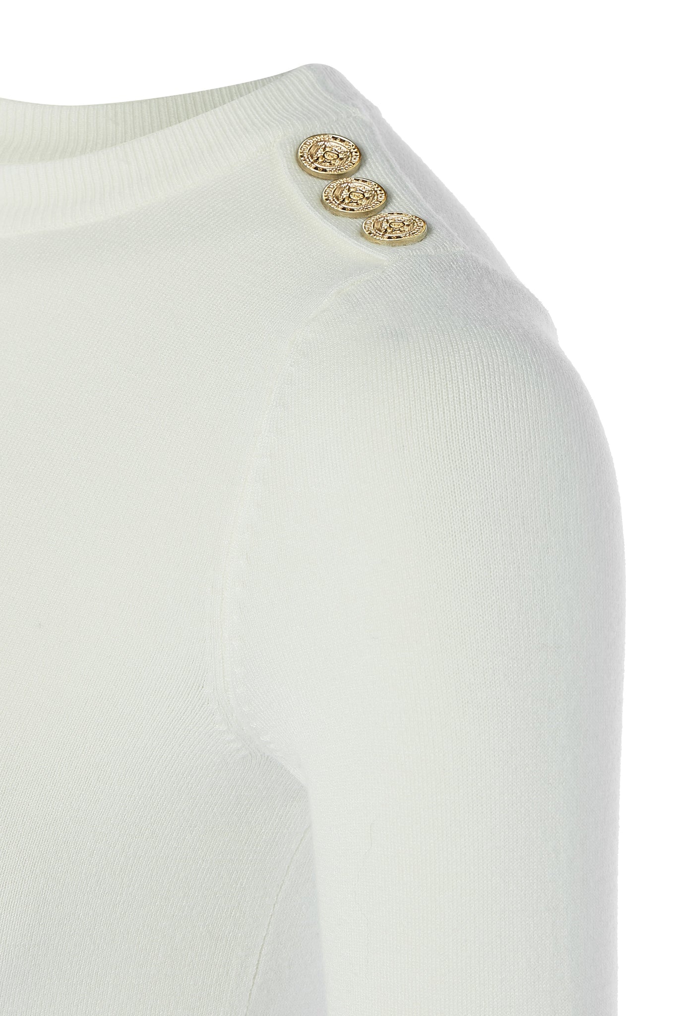 gold button detail across shoulders of super soft lightweight jumper in cream with ribbed crew neck collar, cuffs and hem 
