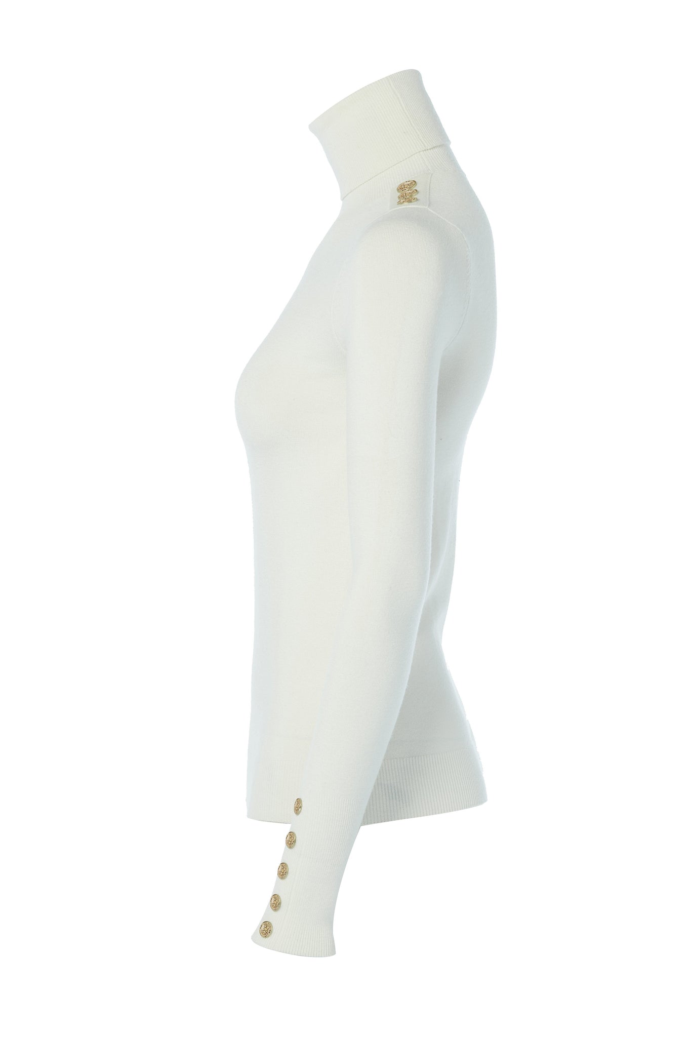 side of super soft lightweight jumper in cream with ribbed roll neck collar, cuffs and hem