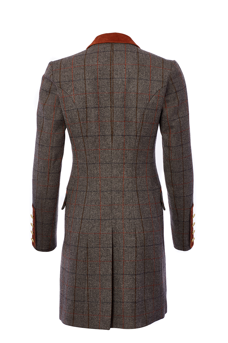 back of grey tweed womens coat with gold hardware and tan suede detailing