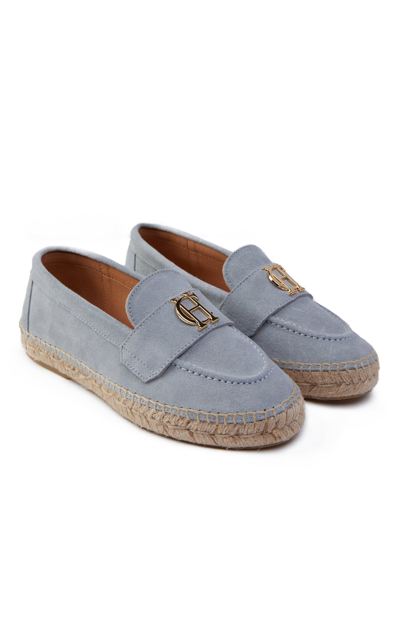 Light blue suede classic espadrille with plaited jute sole and gold hardware on top