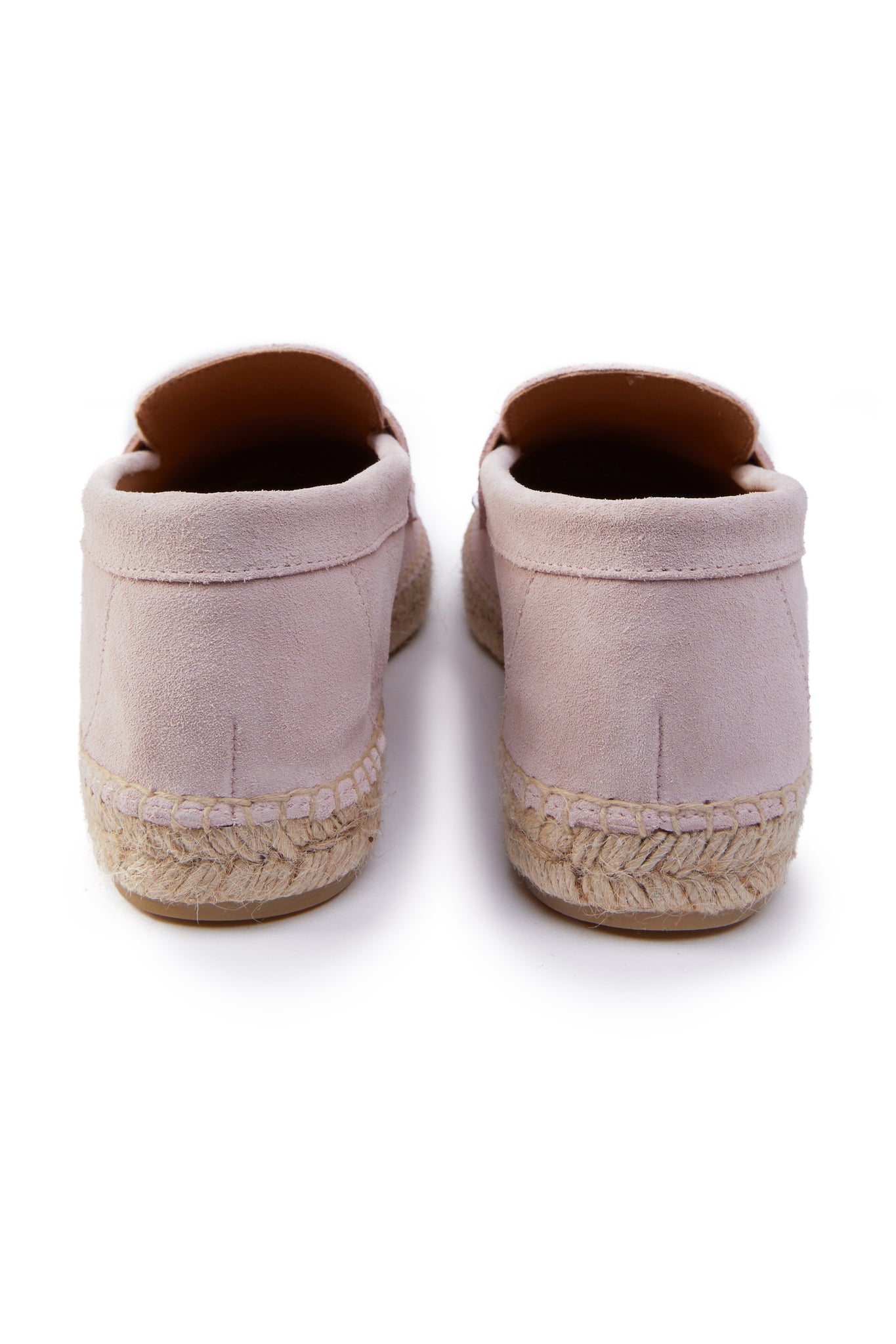 Back of light pink suede classic espadrille with plaited jute sole 